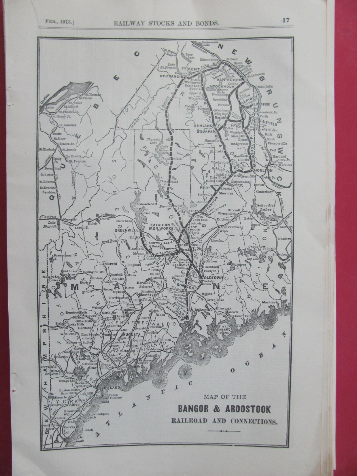 1913 BANGOR & AROOSTOOK RAILROAD ORIG SYSTEM MAP B&A RR ROUTES STATIONS HISTORY