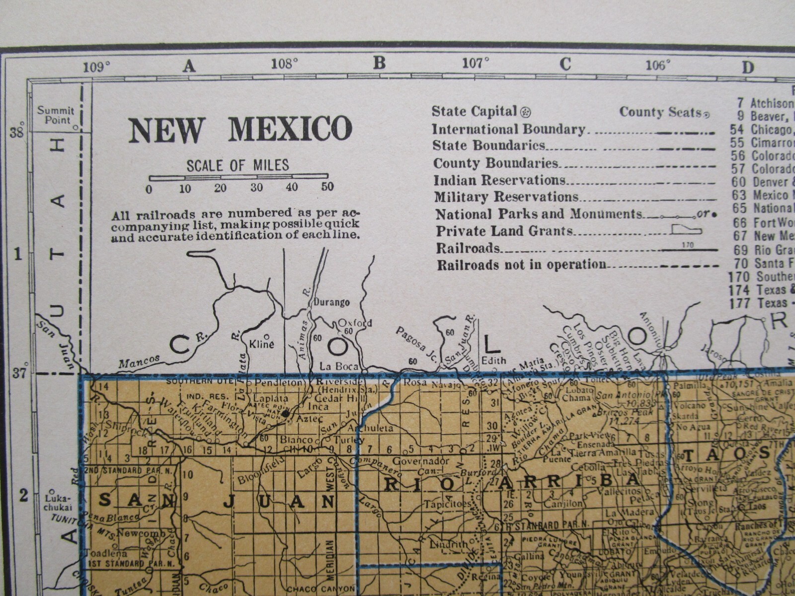 NM NJ Vtg 1939 NEW MEXICO RAILROAD Map. SANTA FE NORTHWESTERN RR or NEW JERSEY
