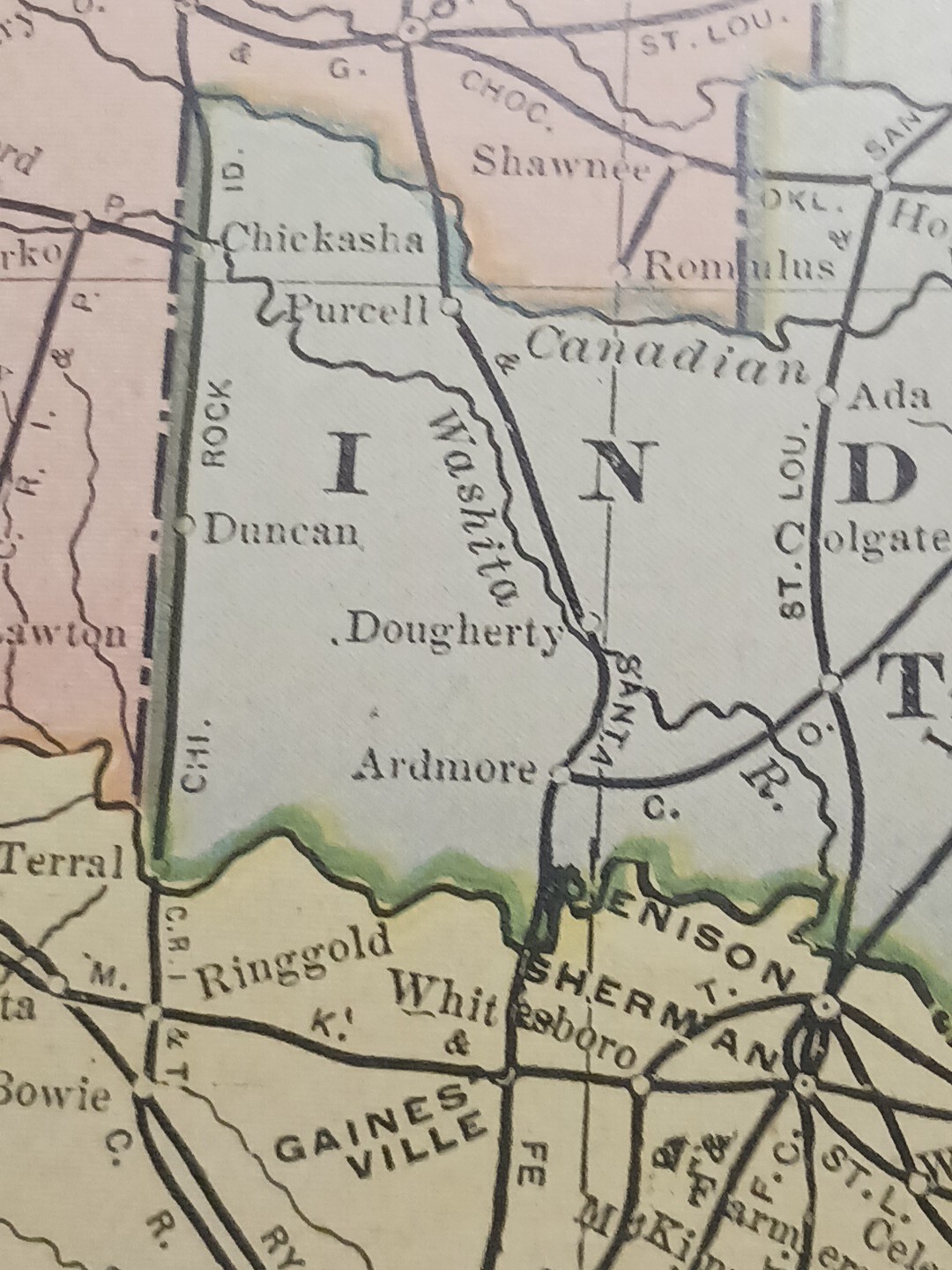 1902 Train Route Map INDIAN TERRITORY TEXAS OK Railroad Lines Stations 11″×9″