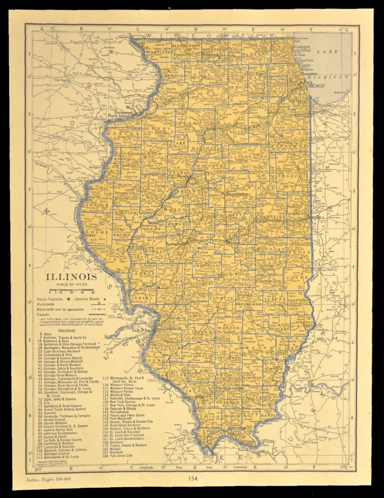 ca1939 ILLINOIS Railroad Map Depot Towns CBQ RR Historic Original Atlas Map