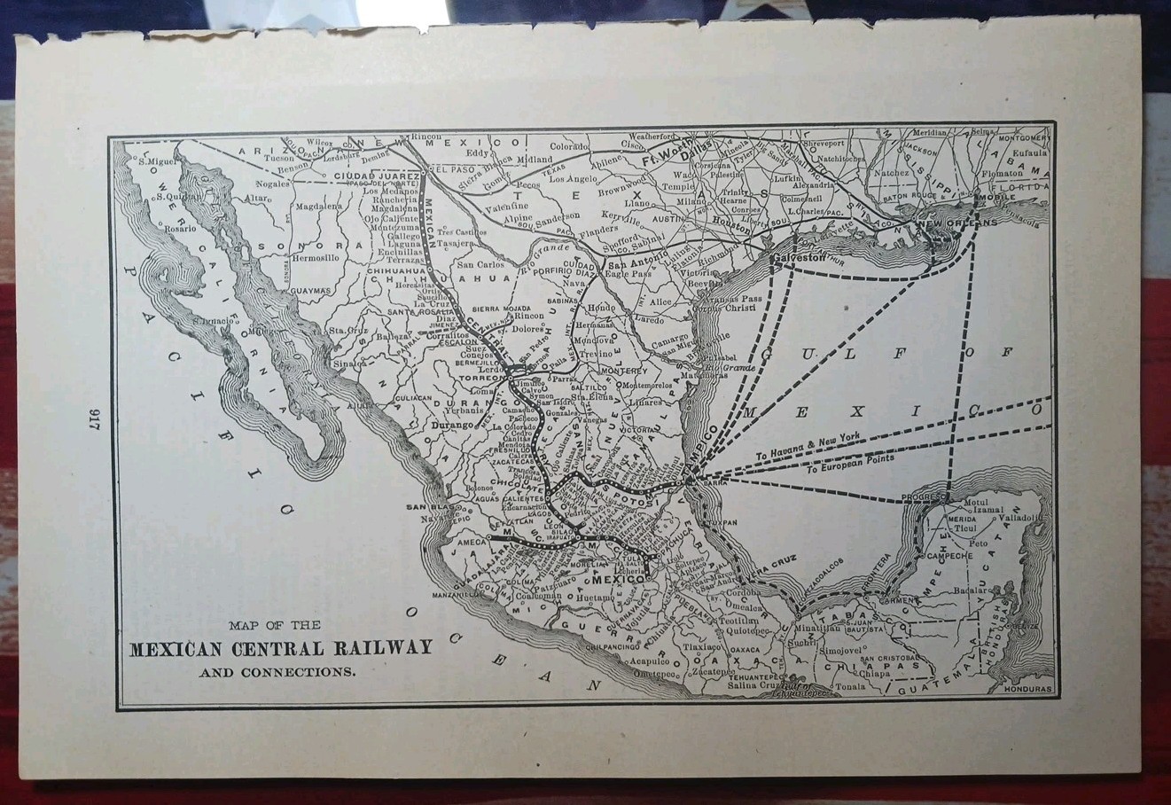 ~1898 ANTIQUE Railroad Map MEXICAN CENTRAL RAILWAY Mexico Train & Ship Routes