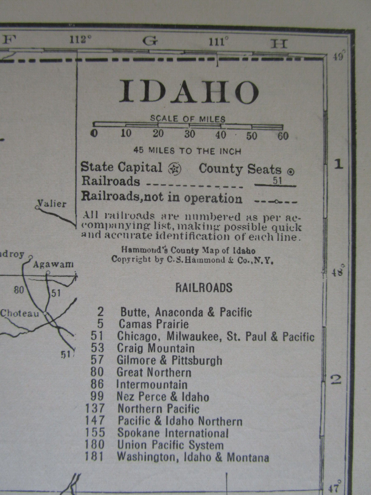 IL ID 1931 ILLINOIS RAILROAD Map McCOMB, INDUSTRY, & LITTLETON RR ~or~ IDAHO