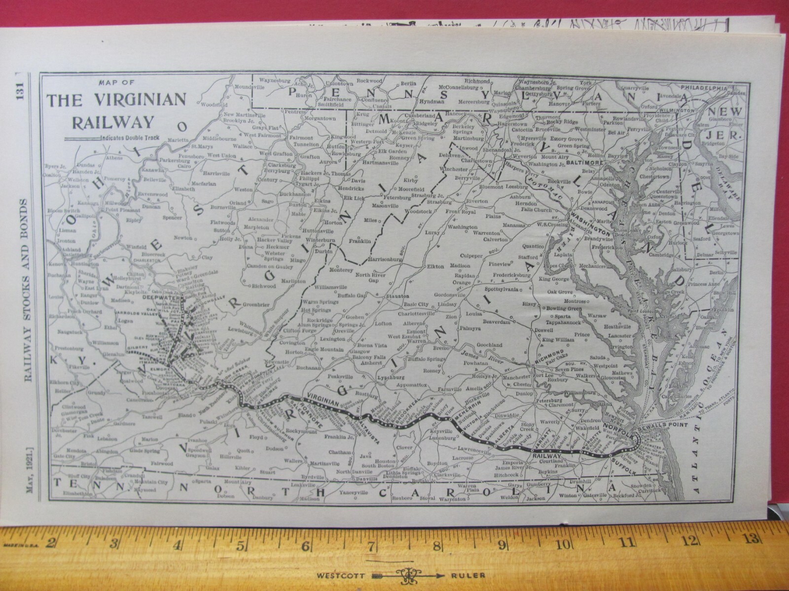 THE VIRGINIAN RAILWAY ORIGINAL 1921 SYSTEM MAP VGN RR ROUTE WEST VIRGINIA and VA