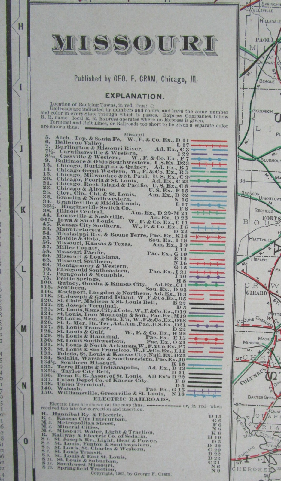 MO 1903 MISSOURI RAILROAD Map. George Cram STEAM + INTERURBAN. PERTLE SPRINGS RR