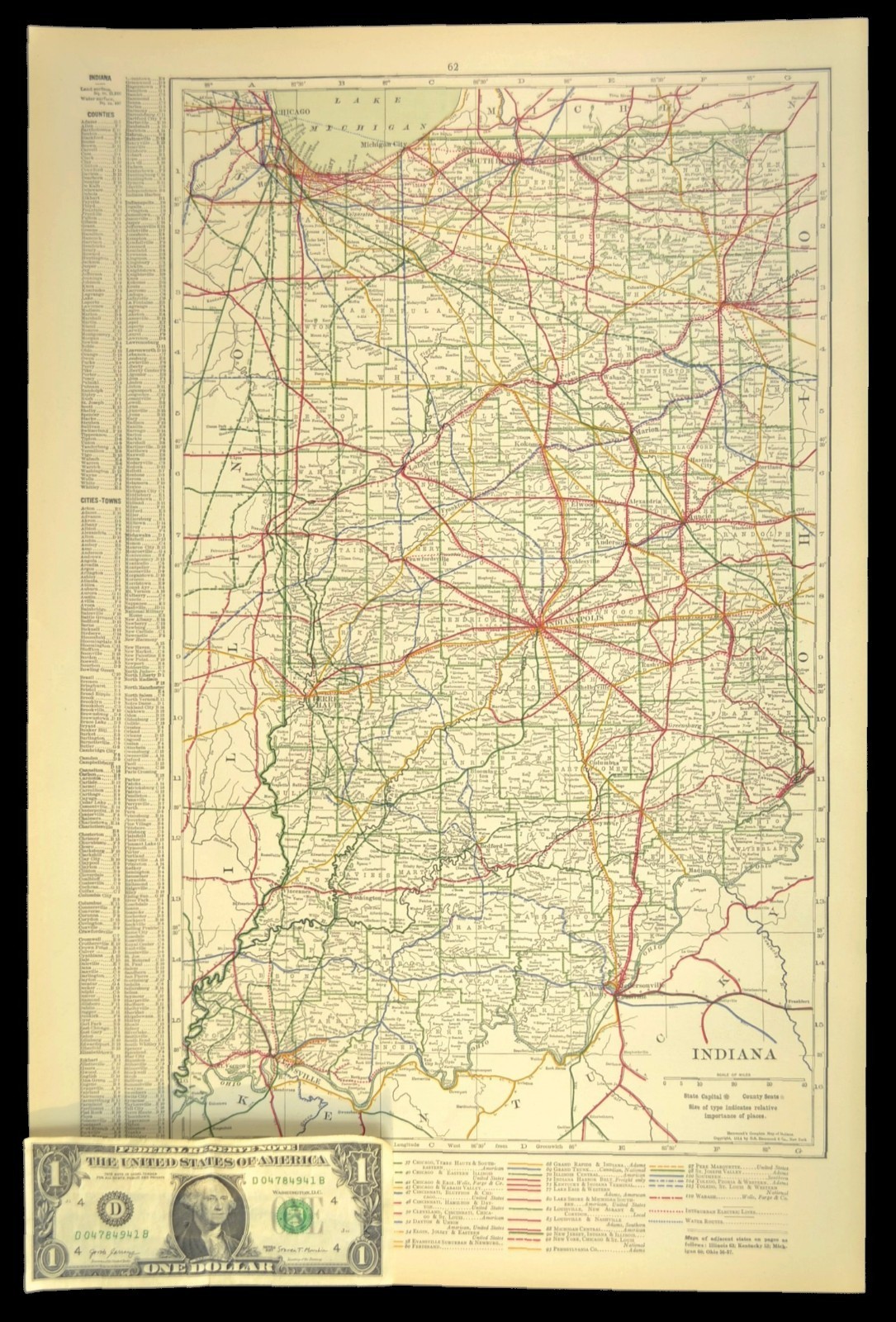 1914 Antique Map of INDIANA Railroads Map ORIGINAL Atlas Map CCC & St L Ry DATED