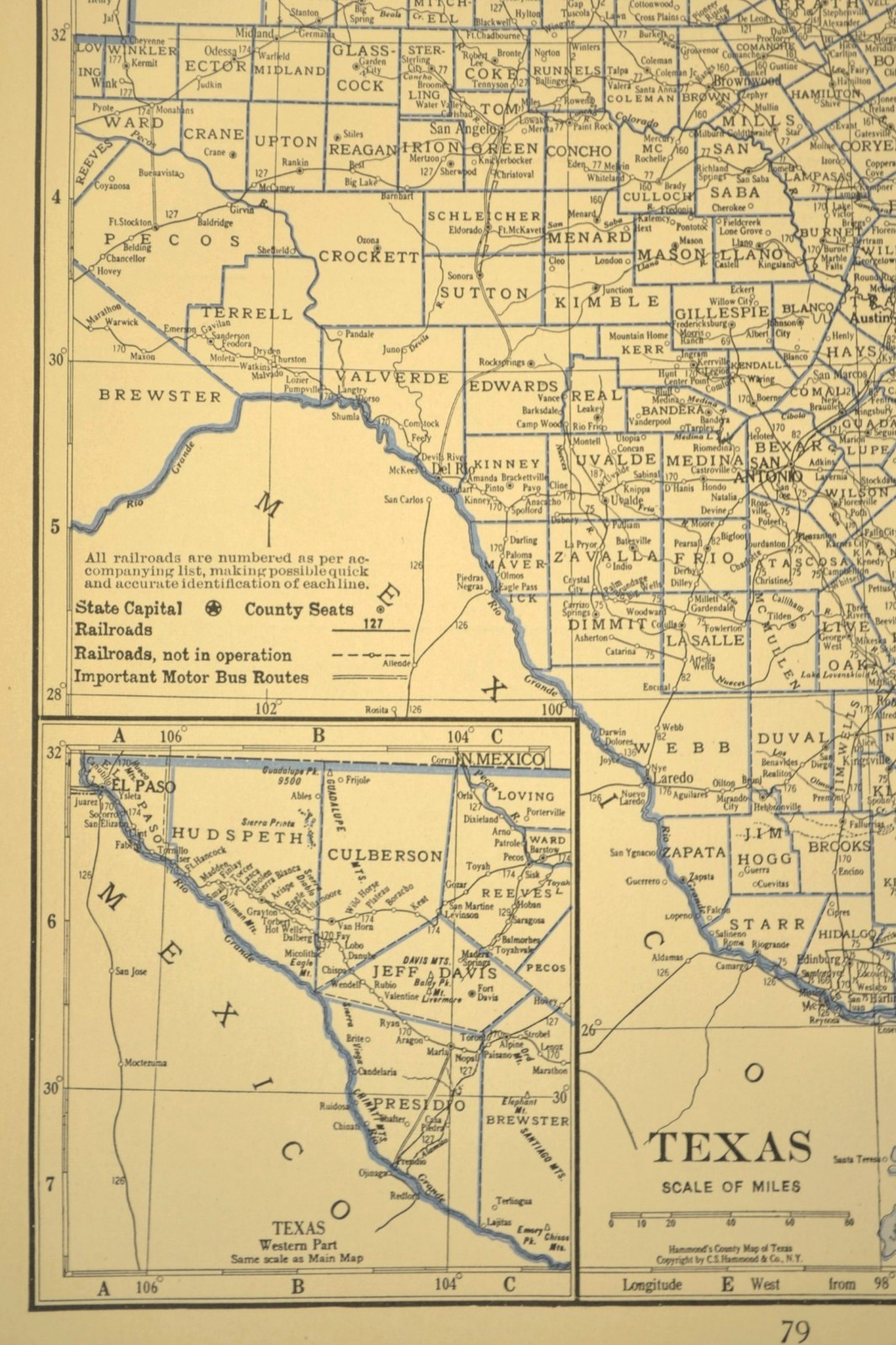 ca1930 TEXAS Map Railroad Depot Towns SP RR Historic Original Atlas Map