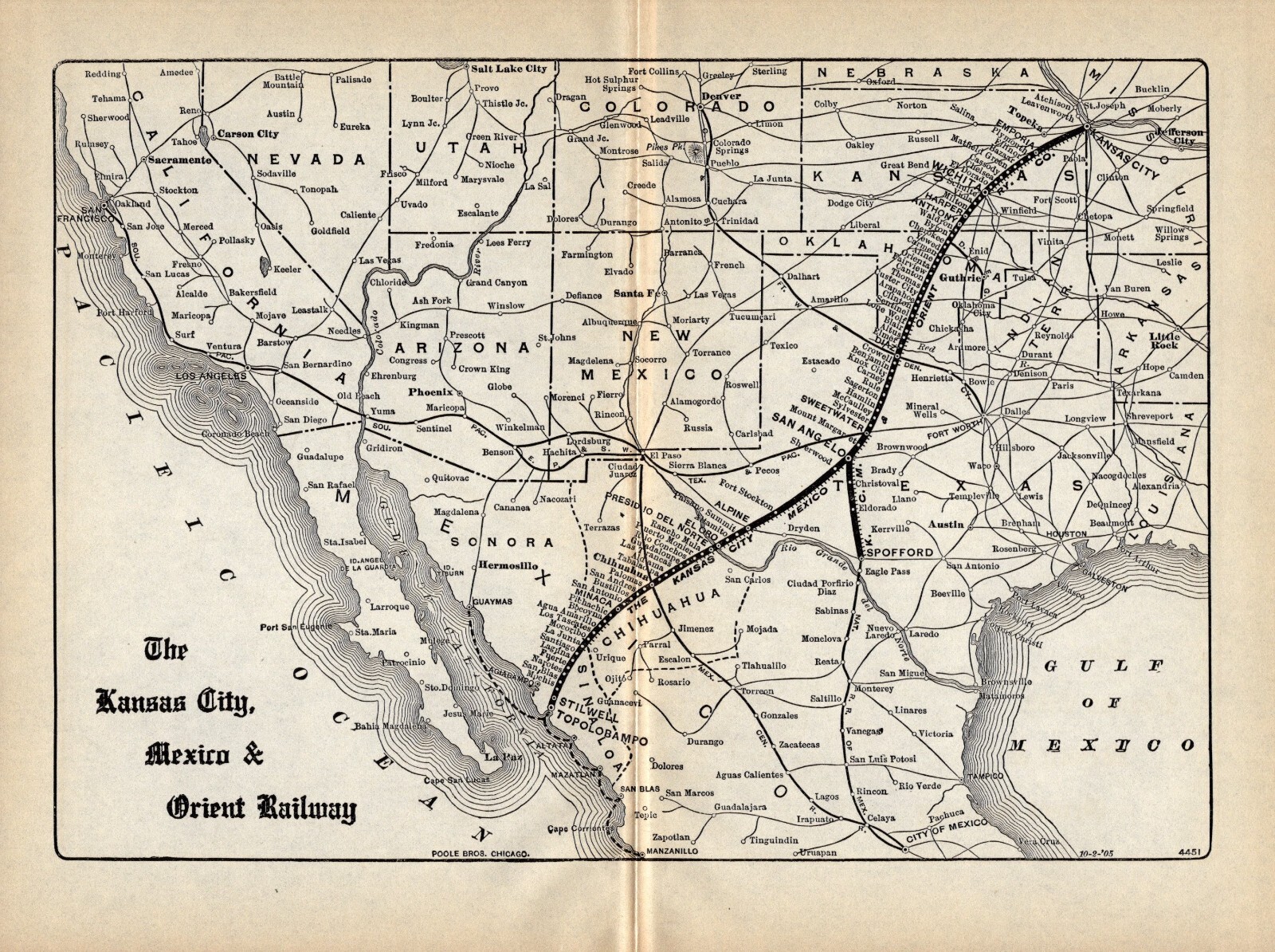 1905 Antique Kansas City Mexico & Orient Railway Map Railroad Map 1882
