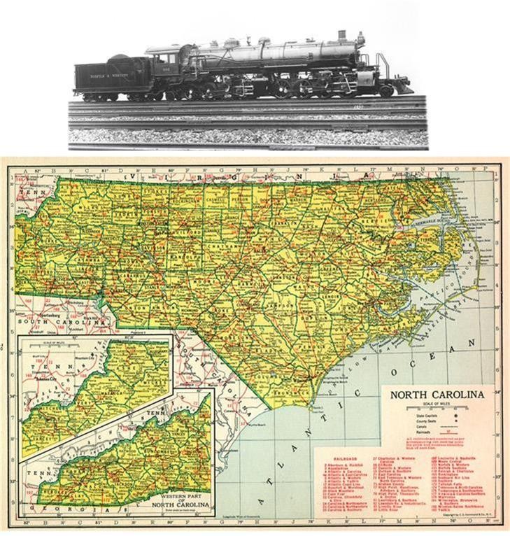A 1944 NORTH CAROLINA MAP HISTORY of all RAILROADS TOWNS LIST RR’S + N&W PHOTO