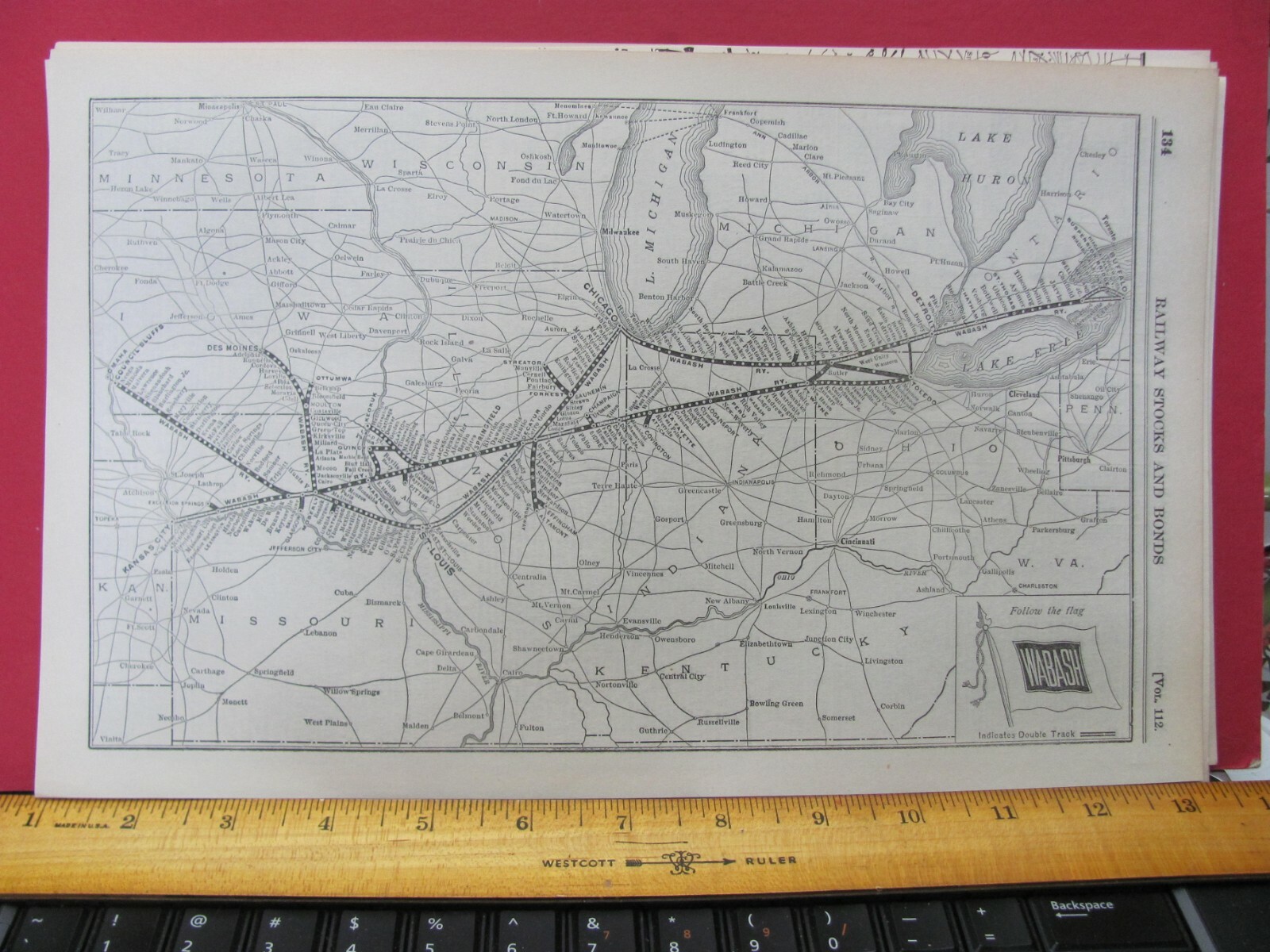 WABASH RAILWAY ORIGINAL 1921 SYSTEM MAP WAB RR ROUTE OHIO INDIANA IL NY MO IOWA