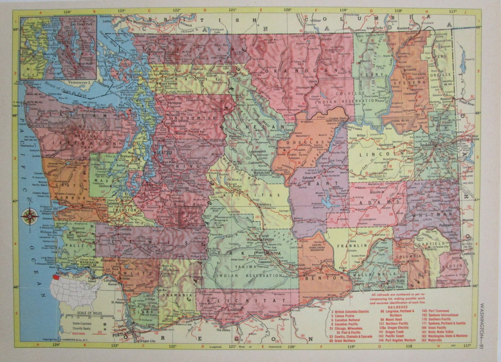 WA WV 1955 WASHINGTON State RAILROAD Map WALLA WALLA VALLEY ~or~ WEST VIRGINIA