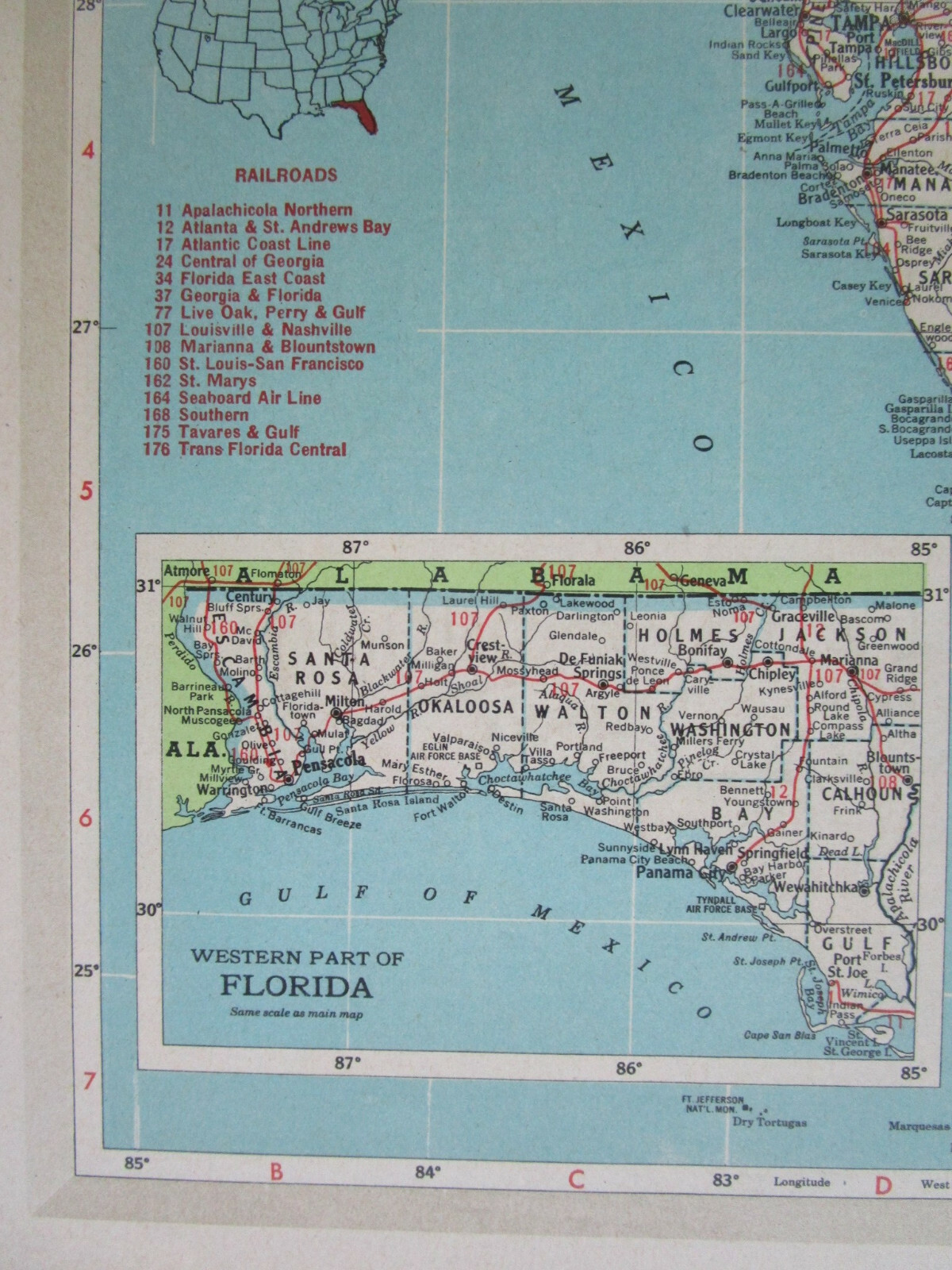 FL GA Vtg 1951 FLORIDA RAILROAD Map.MARIANNA & BLOUNTSTOWN RR ~or~ GEORGIA