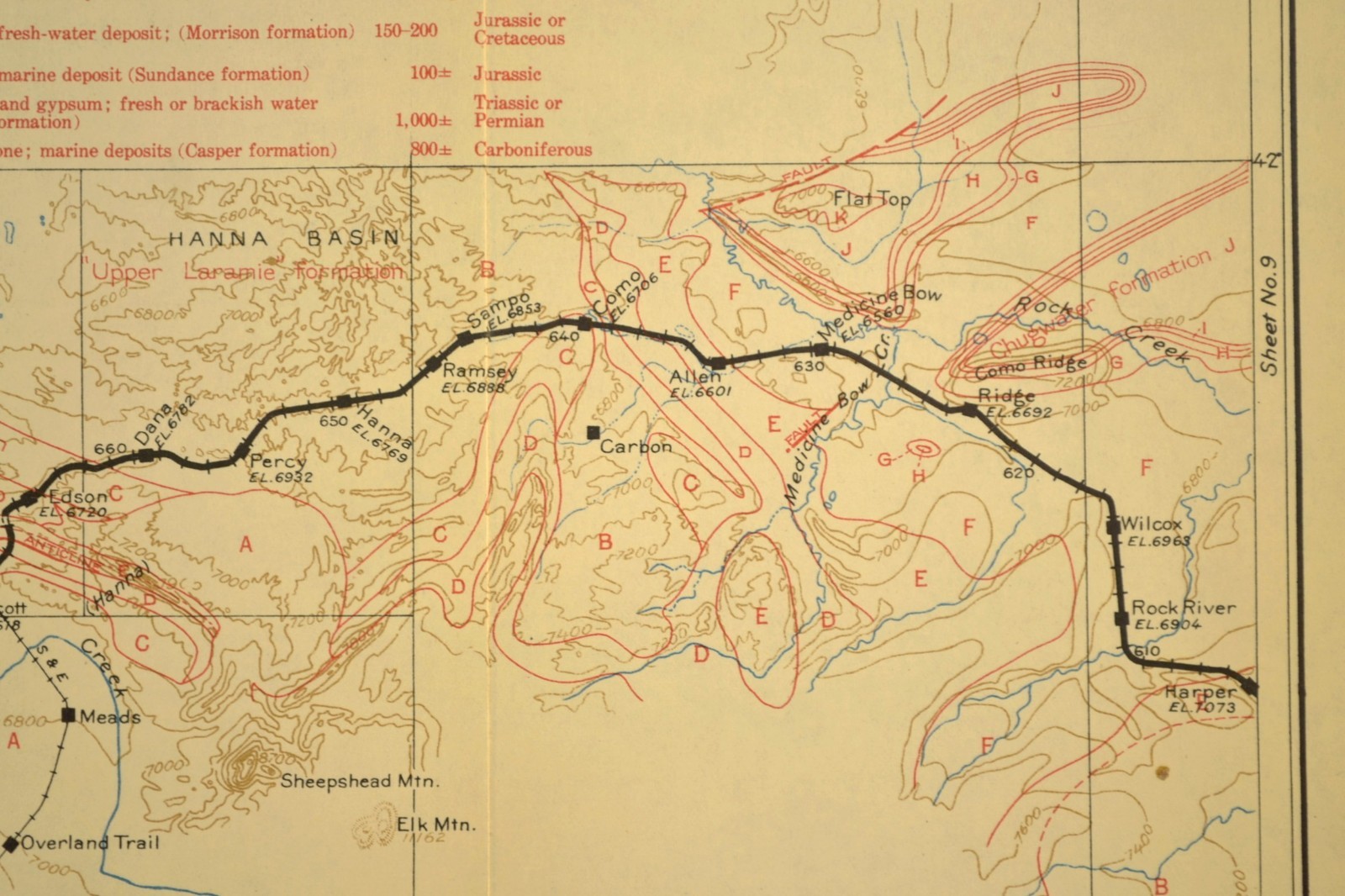 Antique Union Pacific Railroad Map Fort Steele Overland Trail Hanna Wyoming