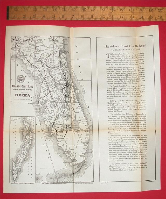 15×15 1923 ATLANTIC COAST LINE RAILROAD MAP FLORIDA CUBA FEC RR DEPOT HISTORY