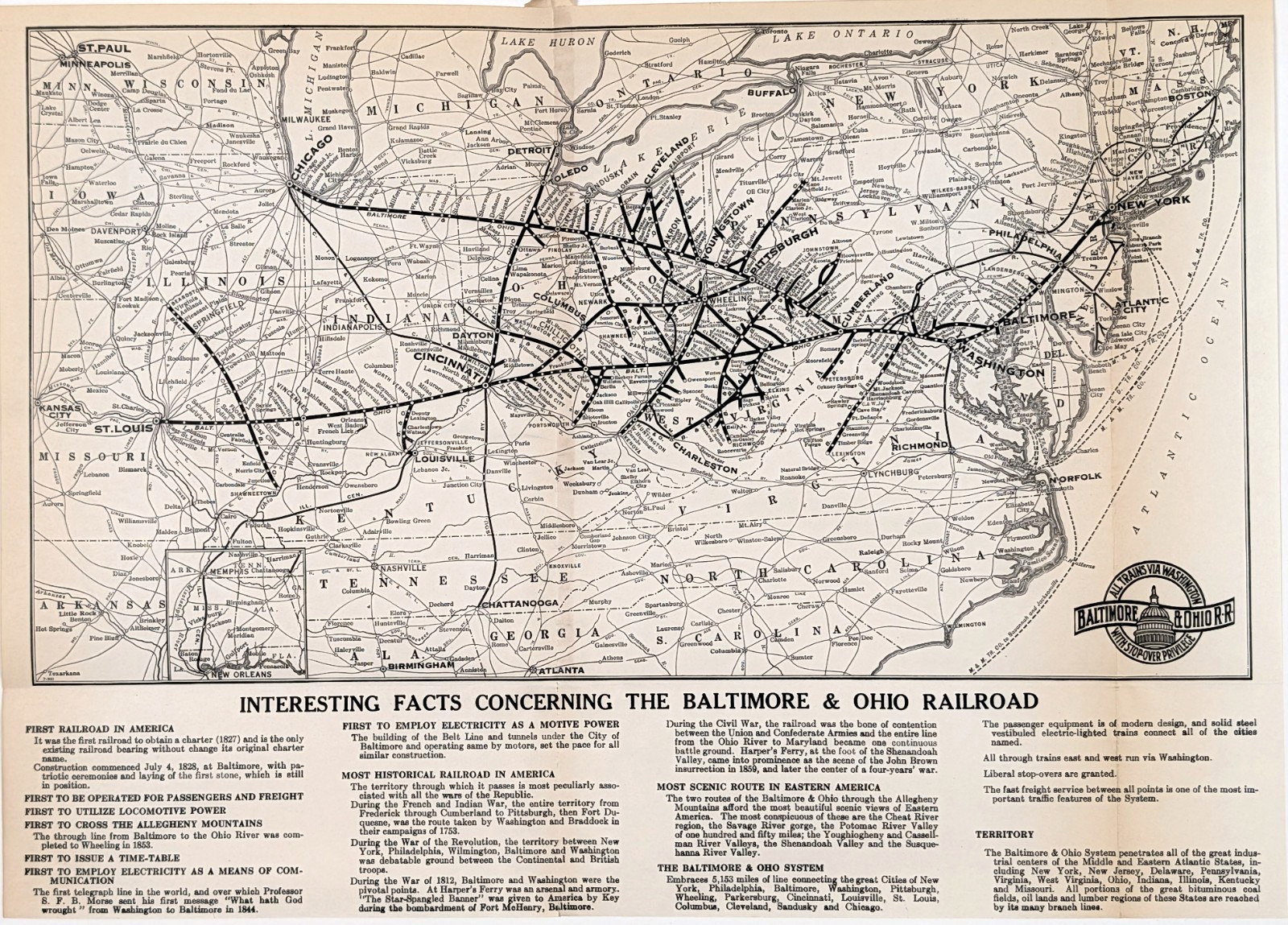 1925 BALTIMORE & OHIO RAILROAD Map ORIGINAL – Washington DC – West Virginia