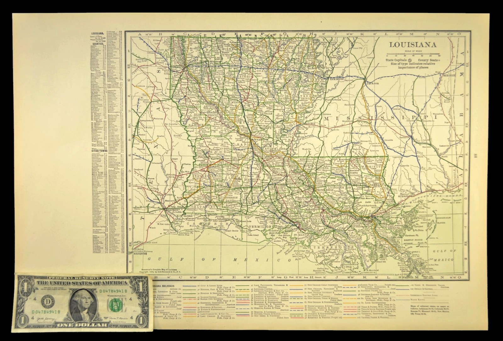 1914 Antique LOUISIANA Railroads Map ORIGINAL Atlas Map Texas & Pacific DATED