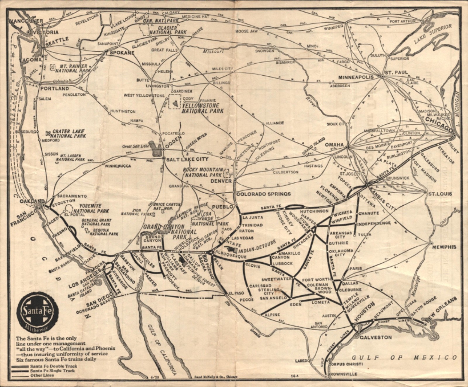 1930 SANTA FE RAILWAY Railroad map of Western USA and used TRIP ITINERARY FORM