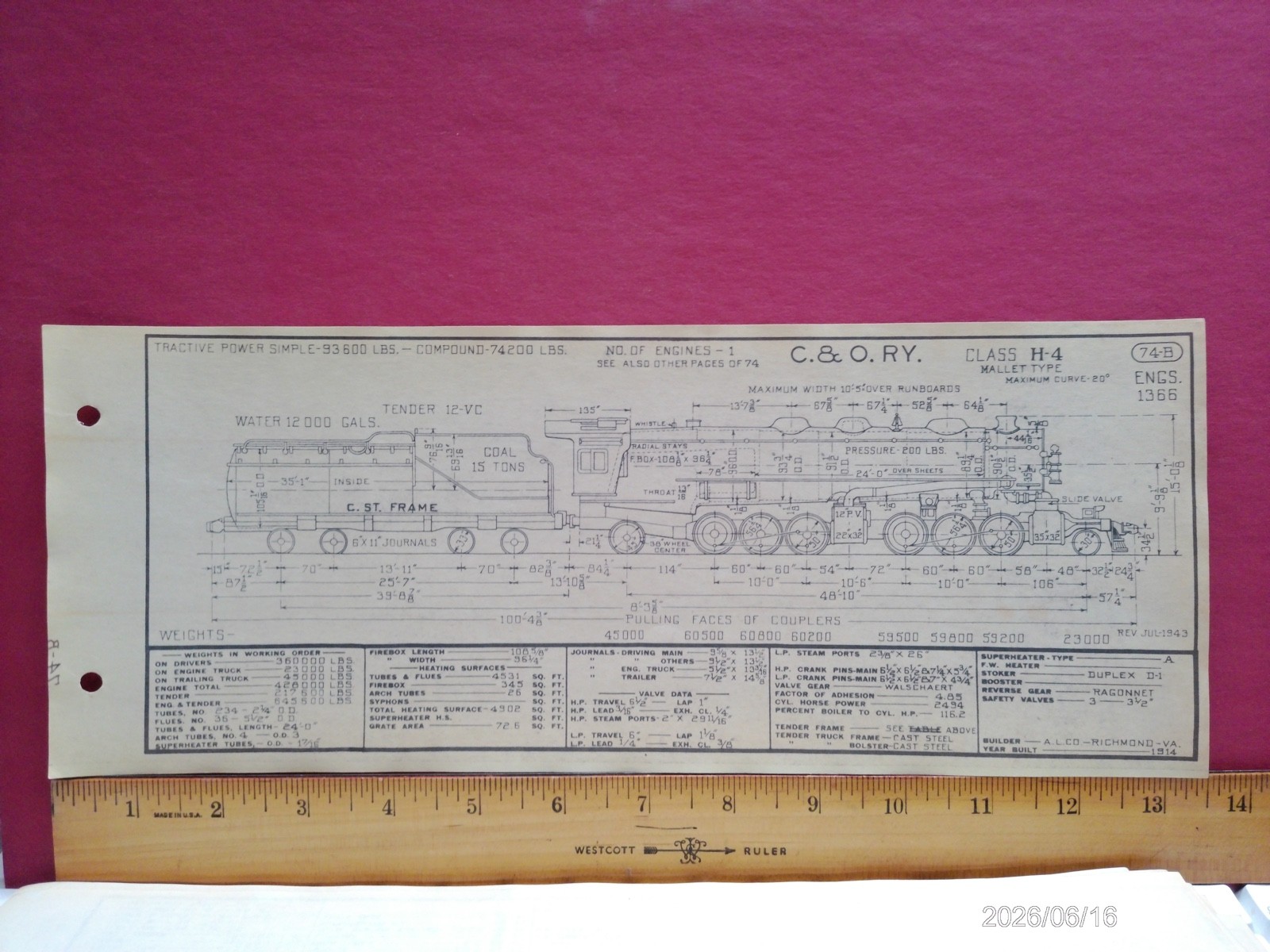 CHESAPEAKE & OHIO RAILROAD ORIG PRINTED DIAGRAM CLASS H-4 LOCOMOTIVE #1366