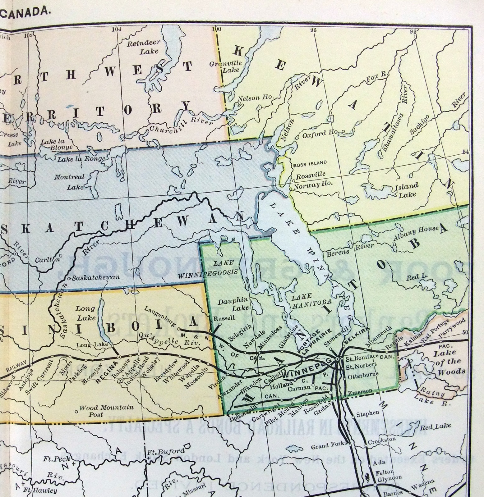 Western Canada – Original 1889 Railroad Map. Antique