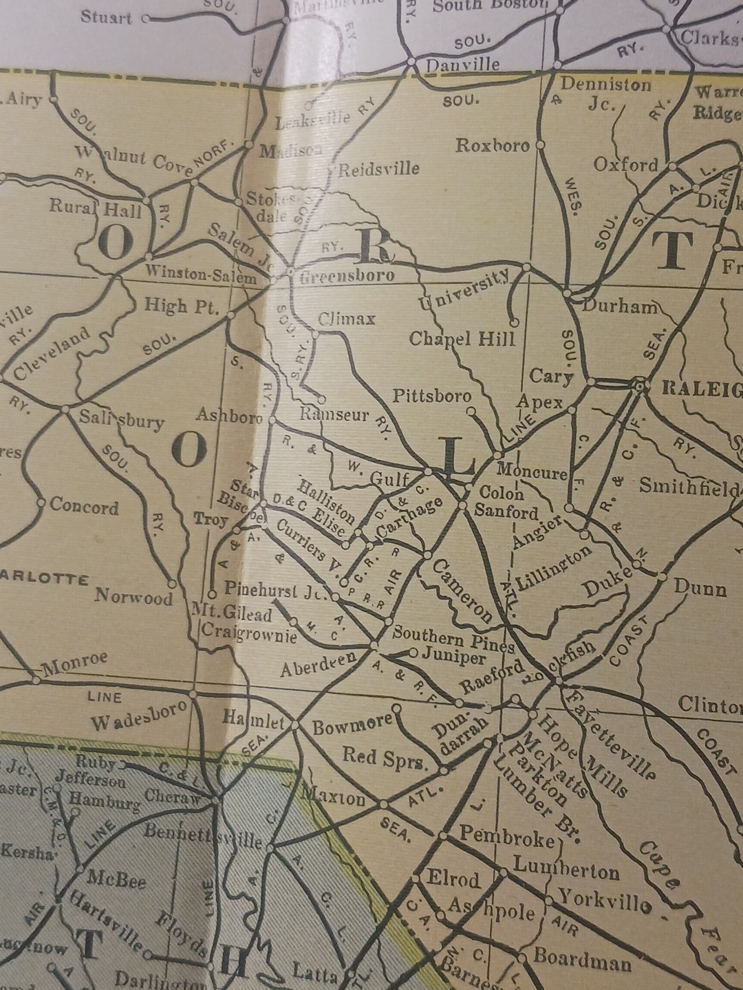 1905 Train Route Map North & South Carolina ALL old Railroad Lines Towns 11×9″