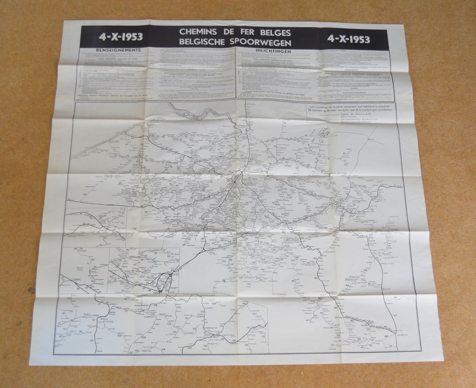 Transport Network Map Belgium Chemins De Fer Belges Belgische Spoorwegen 1953