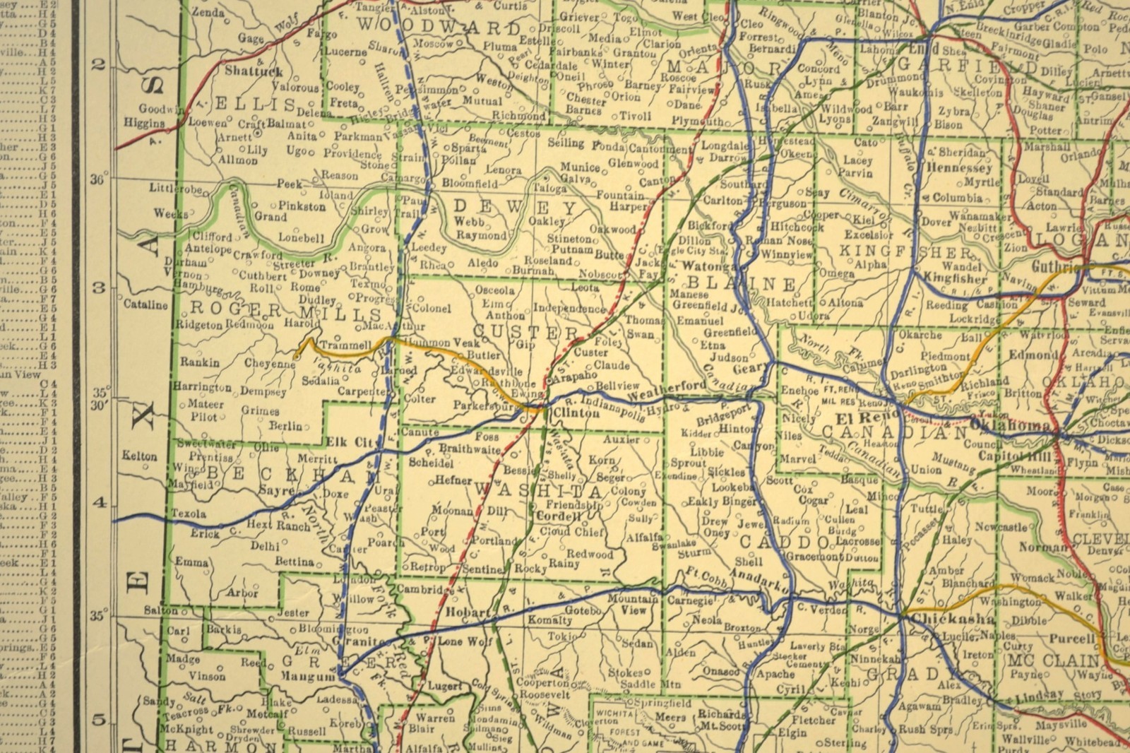 1914 Antique Map of OKLAHOMA Railroads Map ORIGINAL Atlas Map CRI&P RR DATED