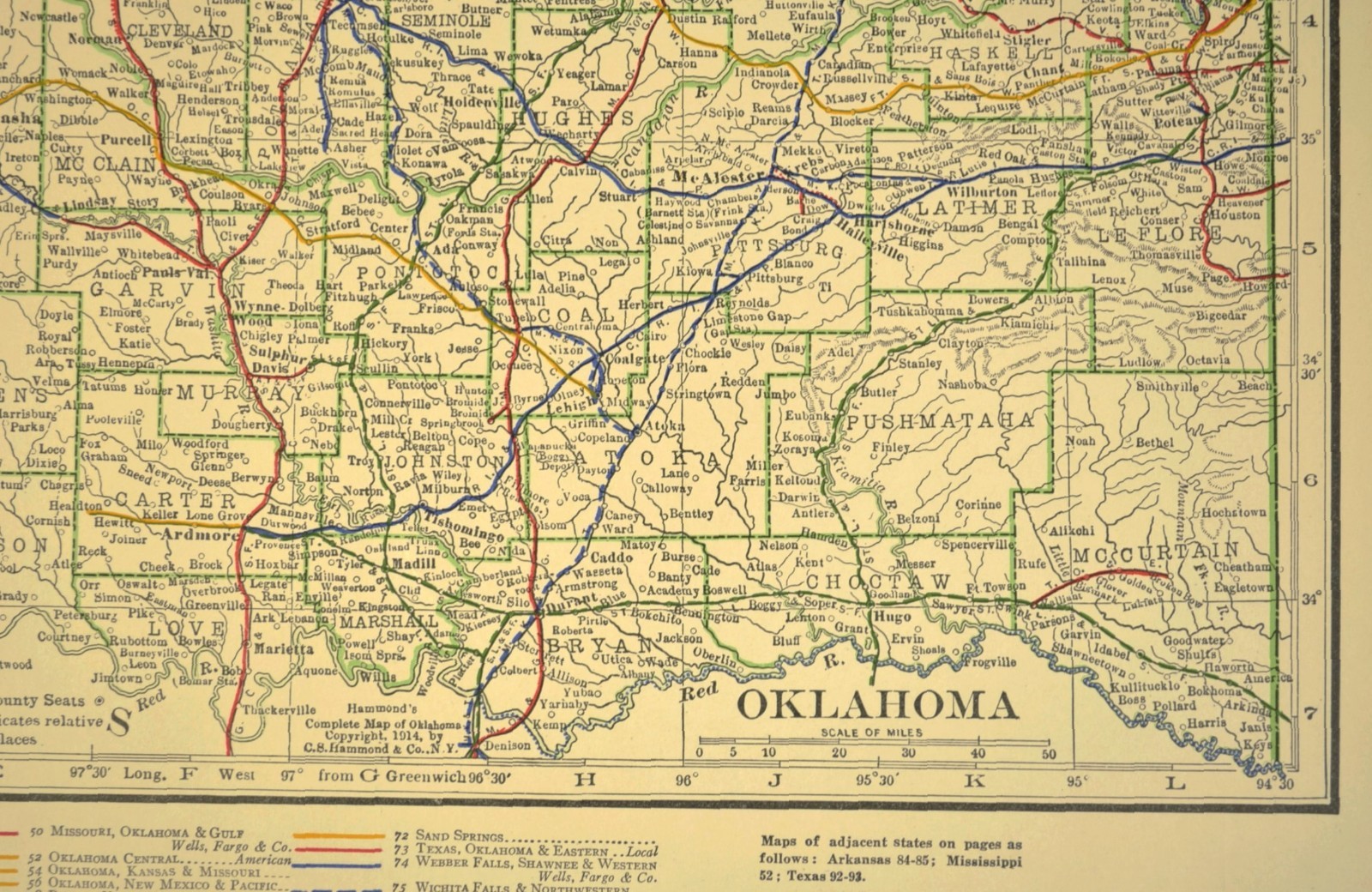 1914 Antique Map of OKLAHOMA Railroads Map ORIGINAL Atlas Map CRI&P RR DATED