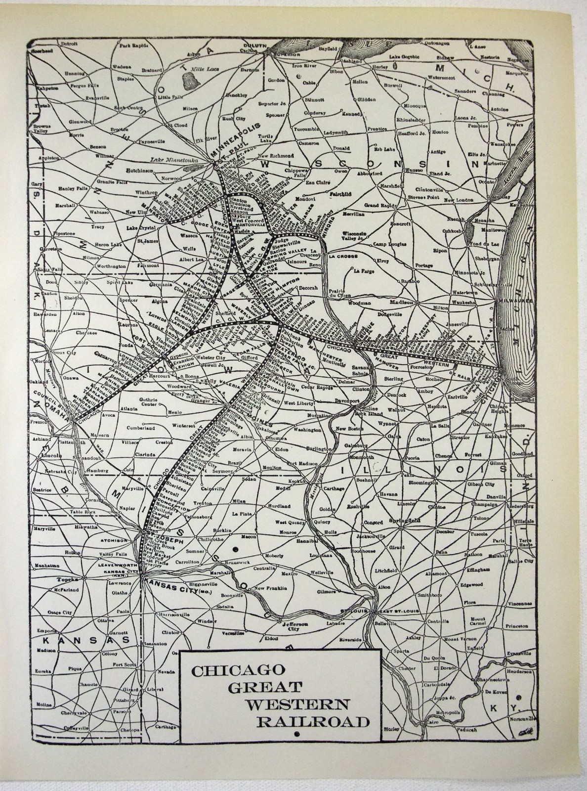 Chicago Great Western Railroad – Original 1938 Route Map. Vintage