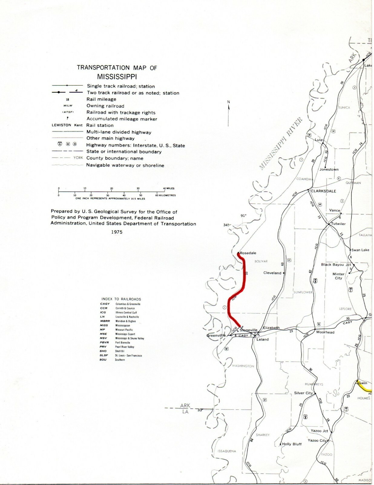Vintage 1975 Mississippi Transportation Map●Fed’l Railroad Administrat’n●11″x17″
