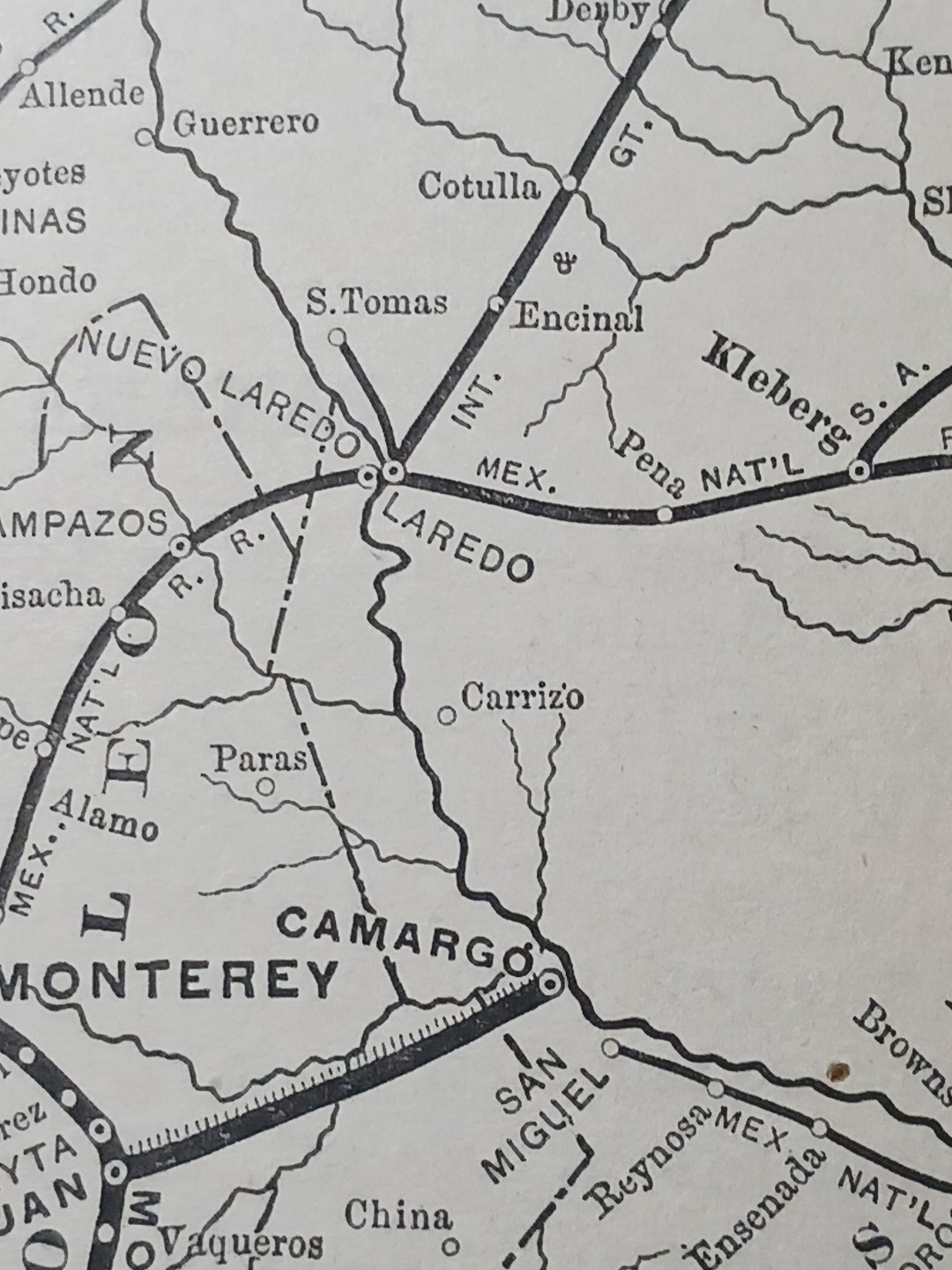 ~ 1895 Train Route Map MONTEREY & MEXICAN GULF RAILROAD Camargo Tampico Mexico