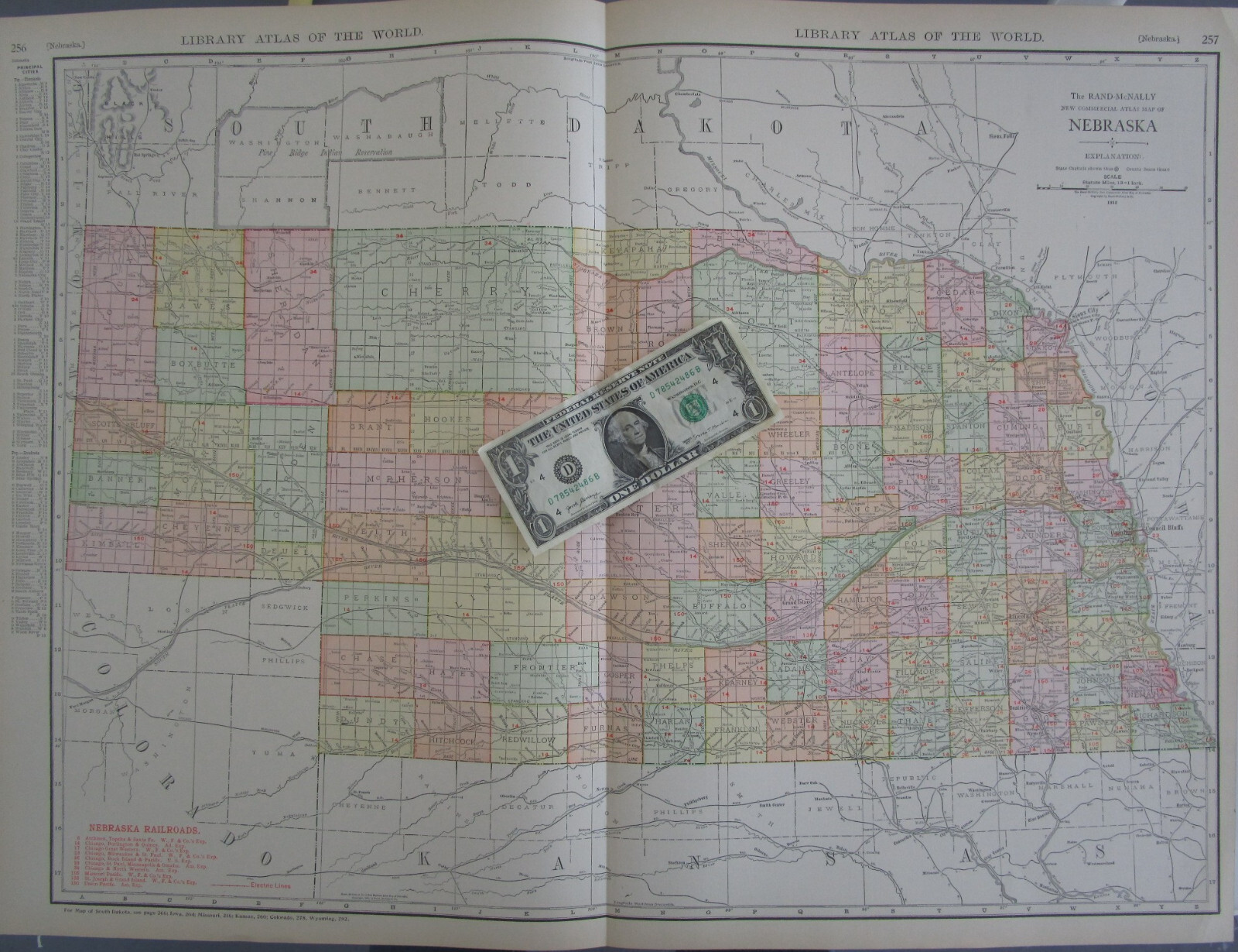 NE ANTIQUE 1912 DATED NEBRASKA RAILROAD Map. ST JOSEPH & GRAND ISLAND RR, ATSF