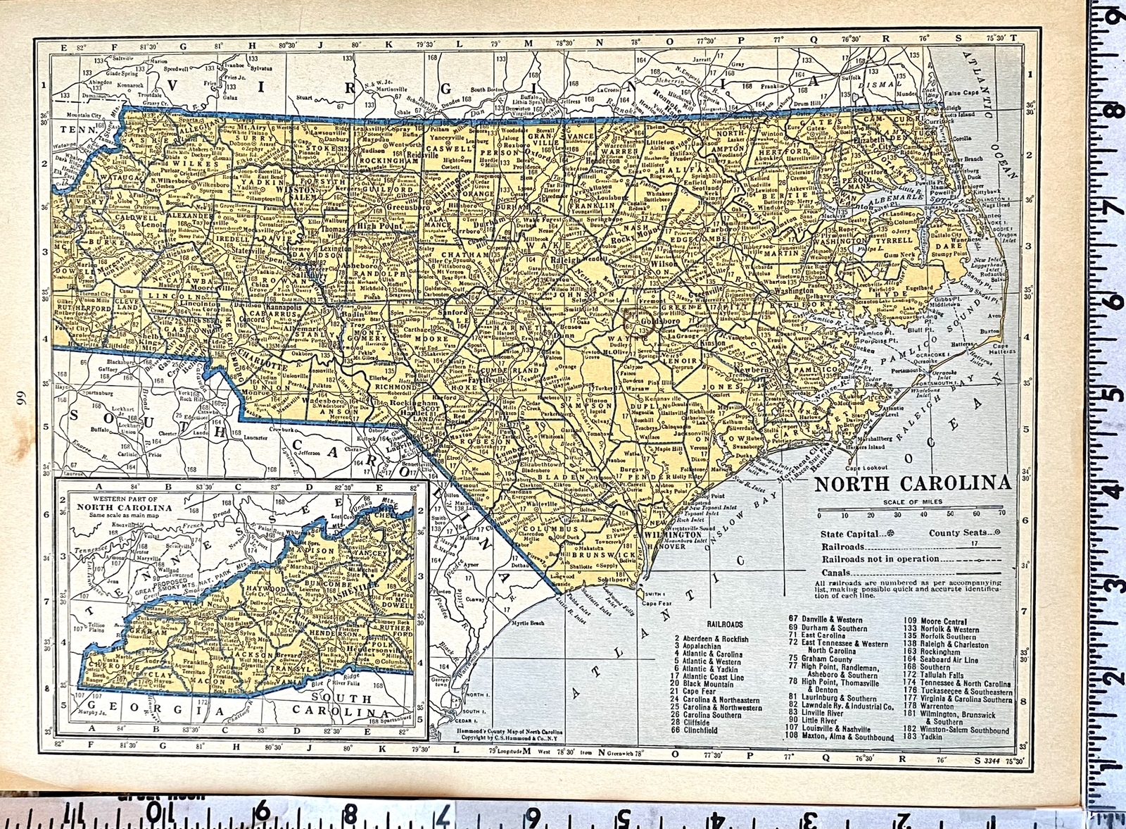 NORTH CAROLINA & NEW YORK c 1935 County & Railroad Maps. Hammond & Co. 9×12″
