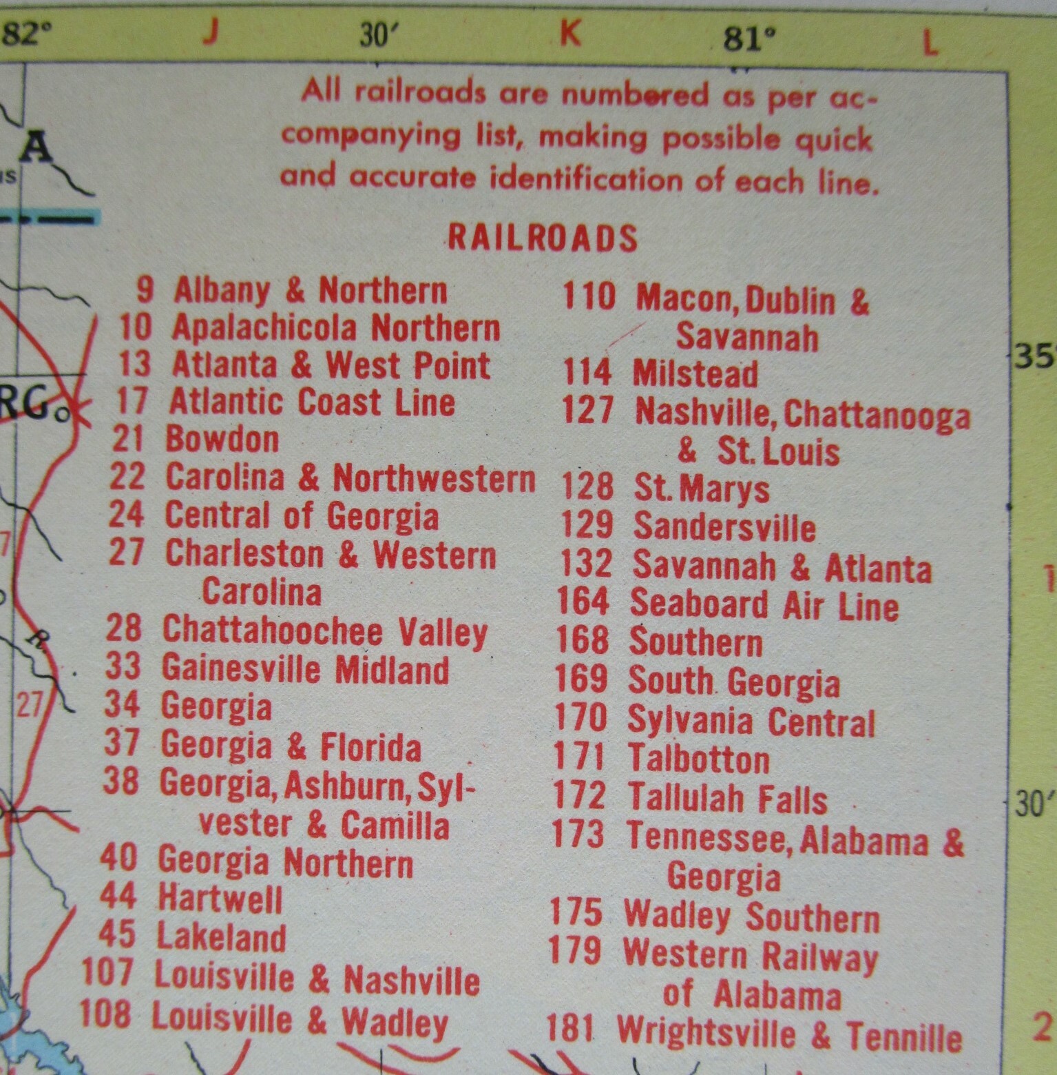 FL GA Vtg 1959 FLORIDA RAILROAD Map. MARIANNA & BLOUNTSTOWN RR ~or~ GEORGIA
