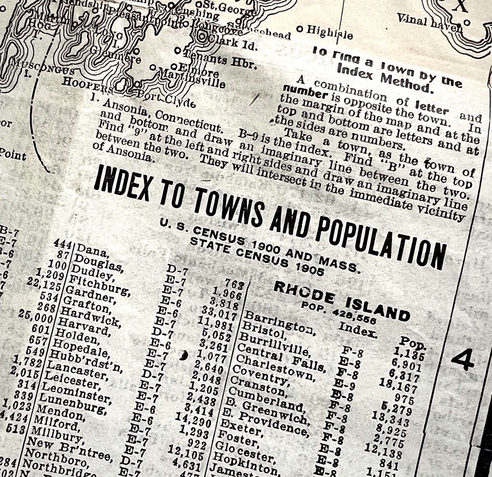1910 NEW ENGLAND COMMERCIAL & ROUTE SURVEY MAP Towns Populations Rail Fishing