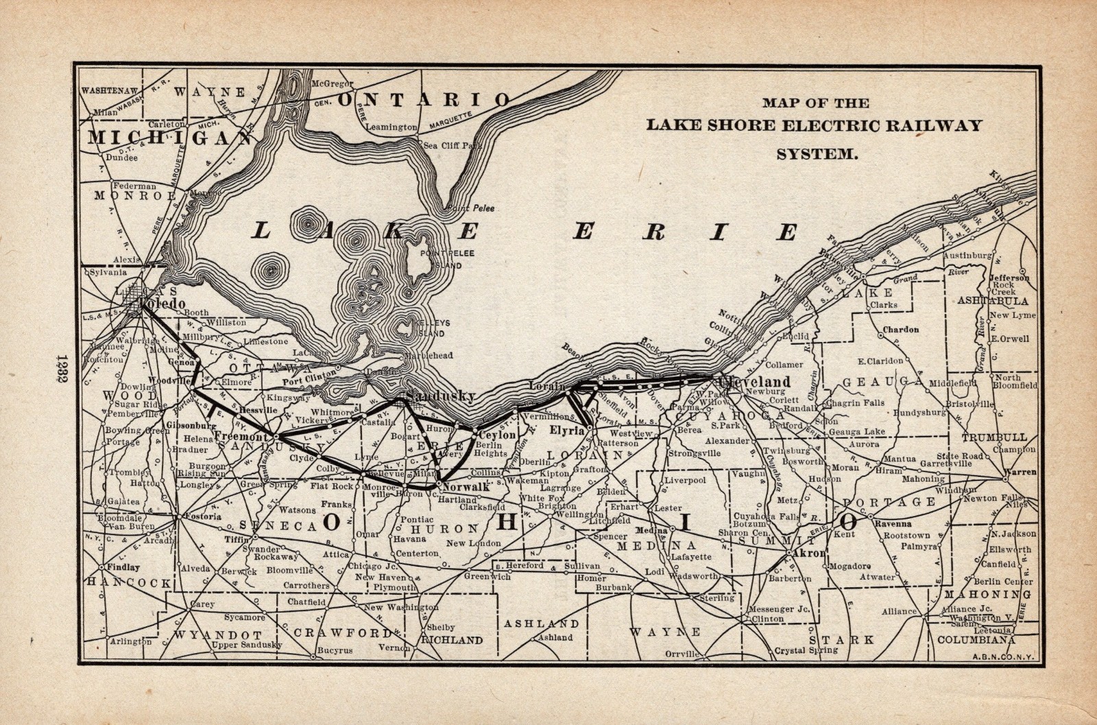 1909 Antique Lake Shore Electric Railway System Map Ohio Railroad Map 3093