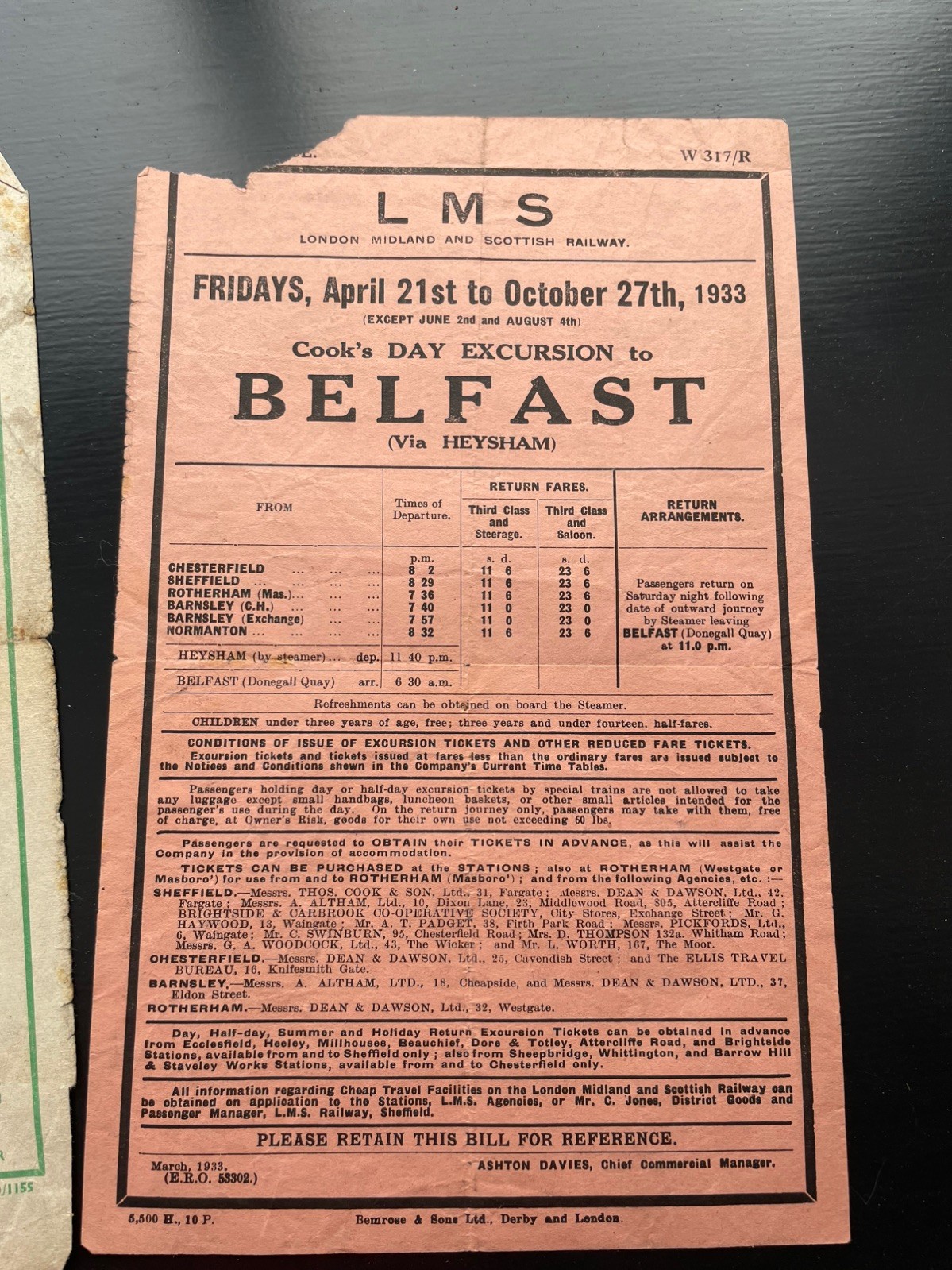 2 x 1930s LMS train timetable / flyer for Belfast and Central Wales day trips