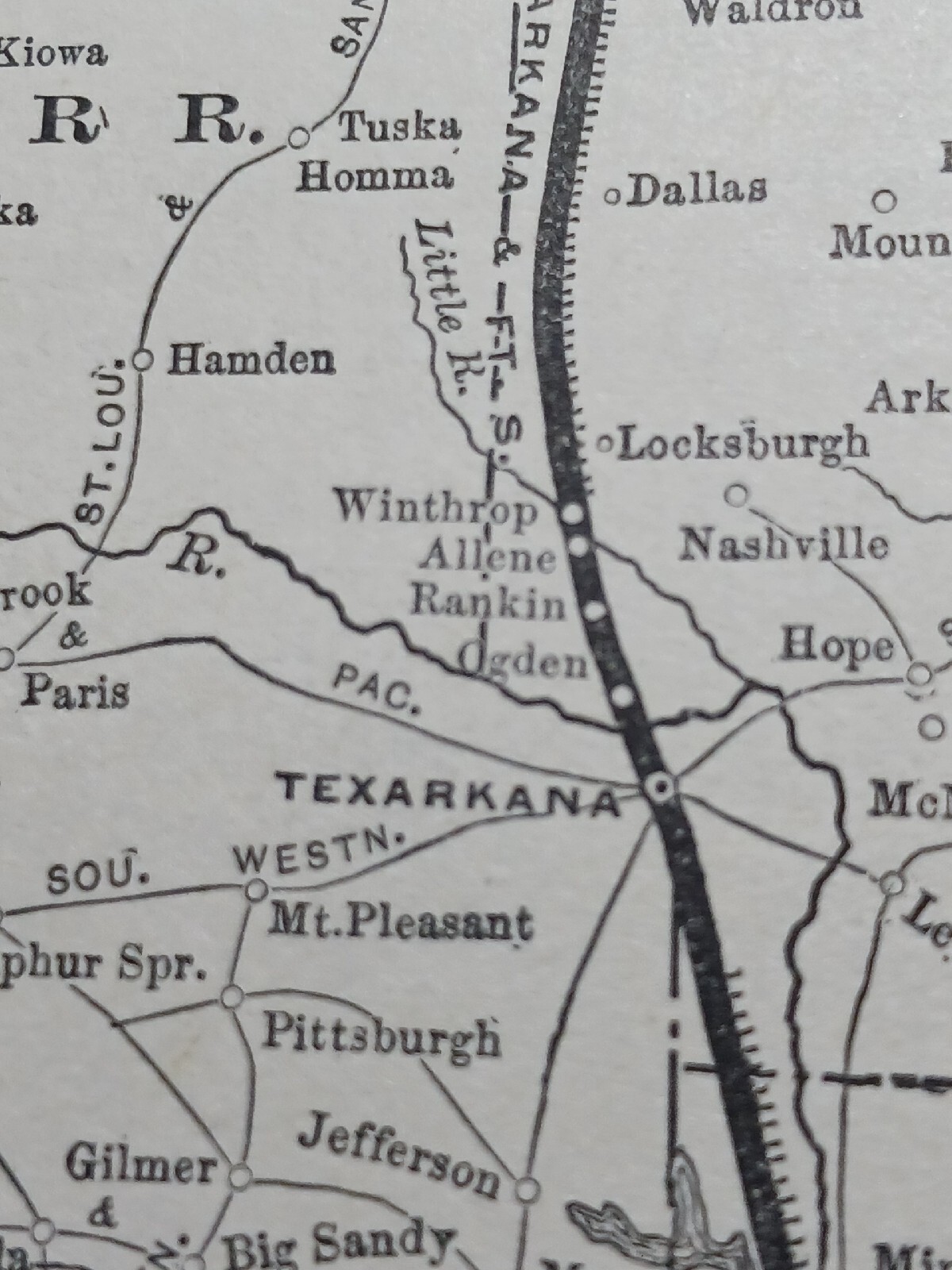 ☆1895 original train map KANSAS CITY PITTSBURGH & GULF RAILROAD routes stations