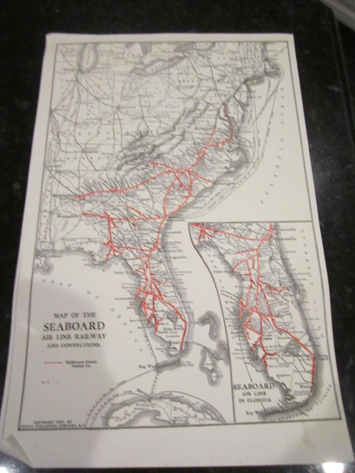 1931 MAP OF THE SEABOARD AIR LINE RAILWAY SYSTEM – 17″ X 11″ – HEAVY STOCK PAPER