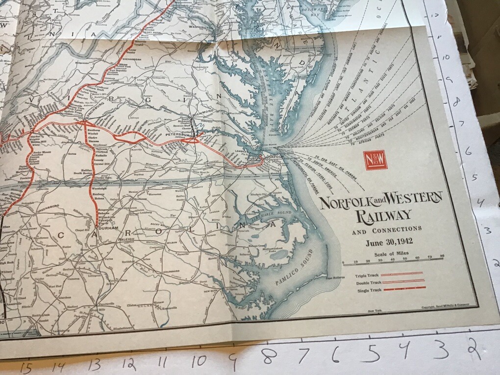 vintage railroad map: 33×22″ NORFOLD & WESTERN Railway dec 31, 1942