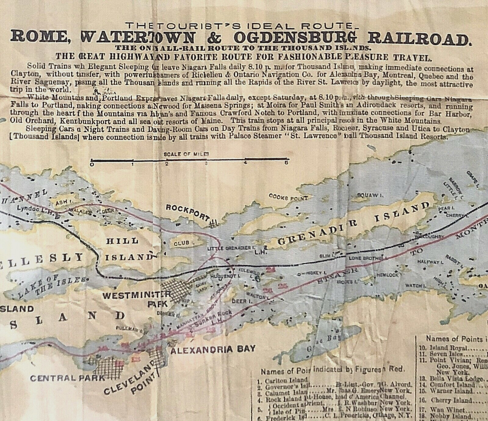 ANTIQUE RR MAP The Tourists Ideal Route – Rome, Watertown & Ogdensburg Railroad