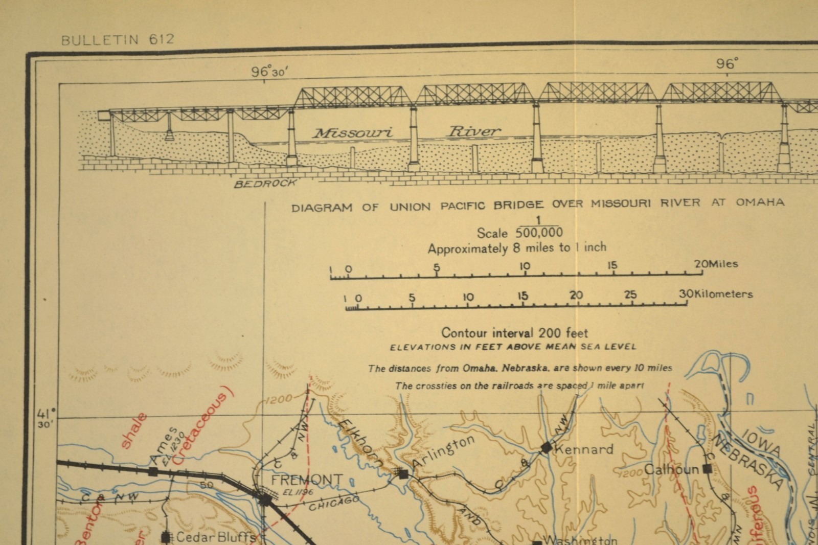 1915 Antique Union Pacific Railroad Map Omaha NE Council Bluffs Iowa Bellevue