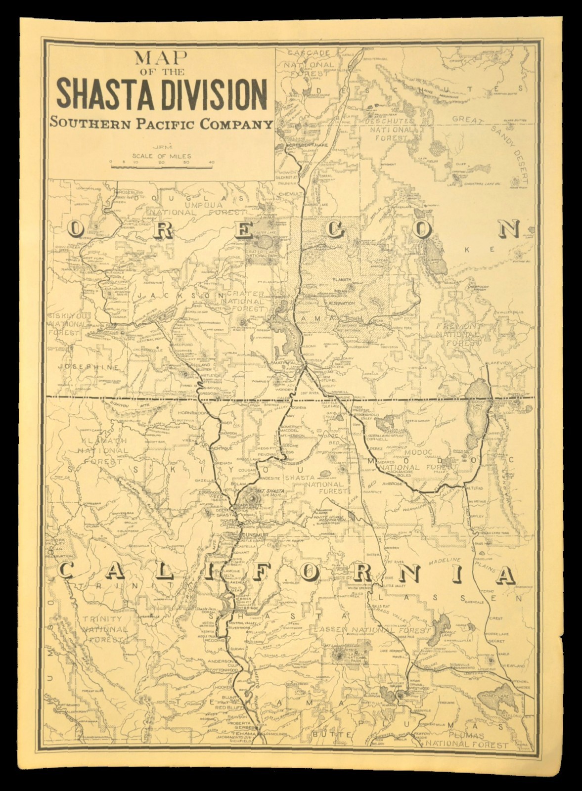 ca 1945 Southern Pacific Railroad Map Shasta Line RR Modoc Line Klamath Falls