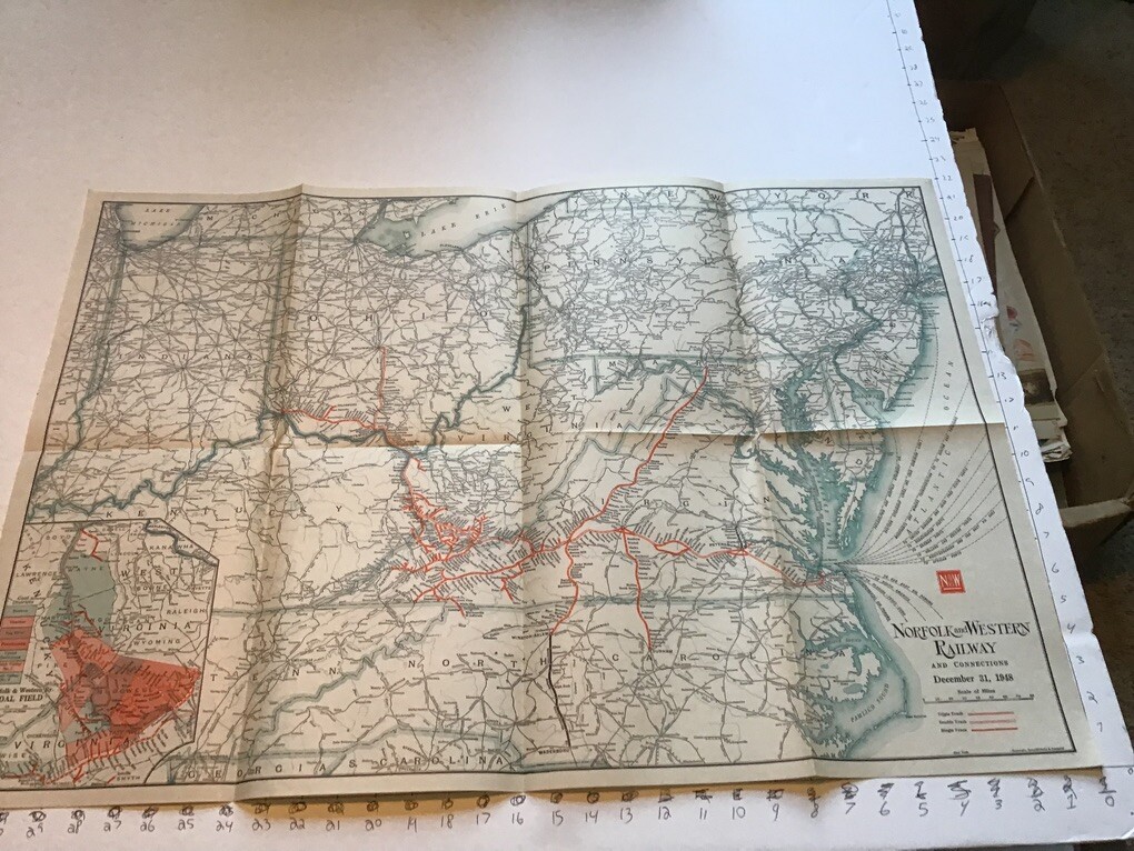 vintage railroad map: 22×32″ NORFOLK & WESTERN Railway 1948