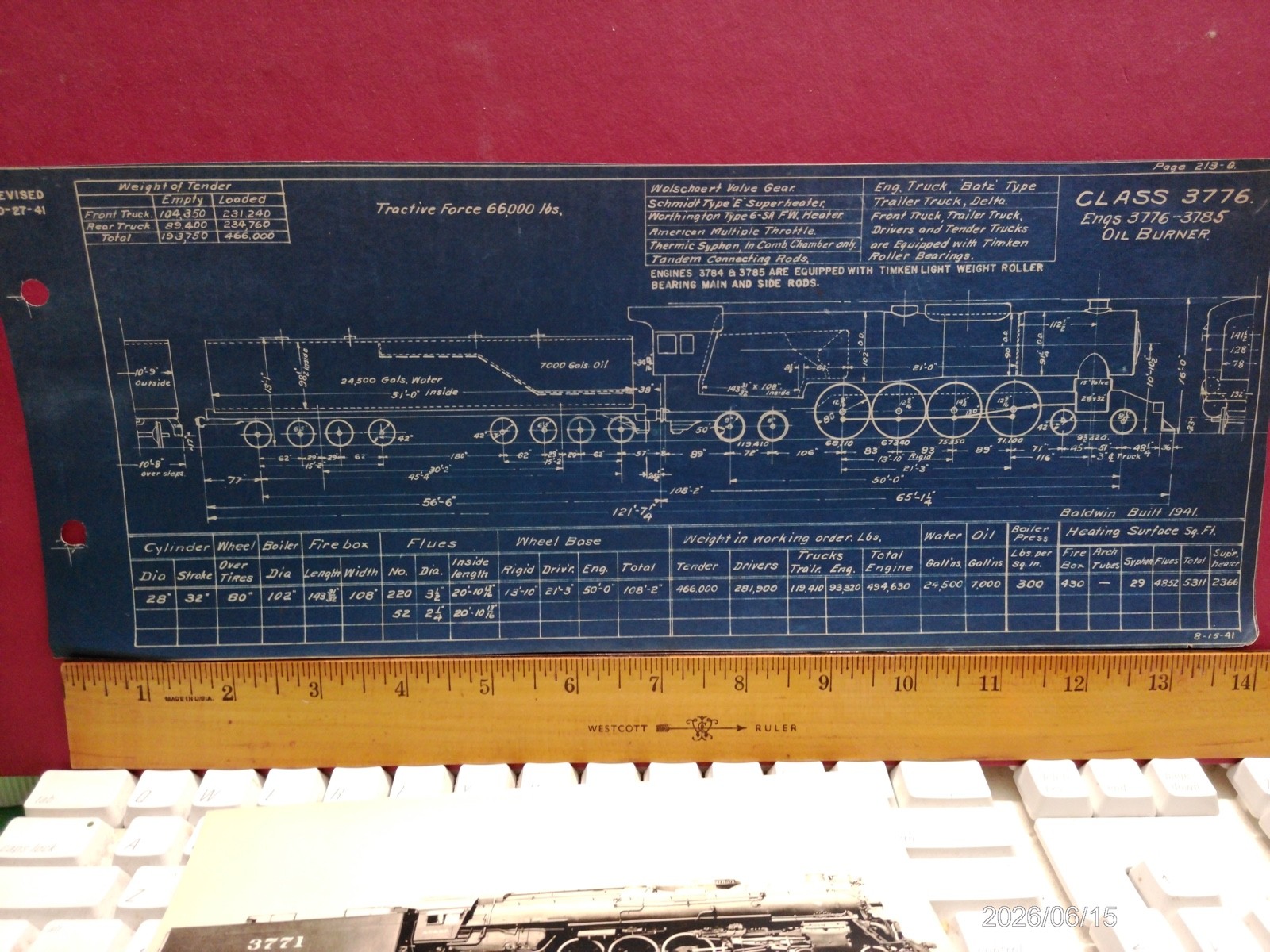 AT&SF RAILROAD ORIG BLUEPRINT DATA DIAGRAM BUILDERS PHOTO 4-8-4 LOCOMOTIVE #3751