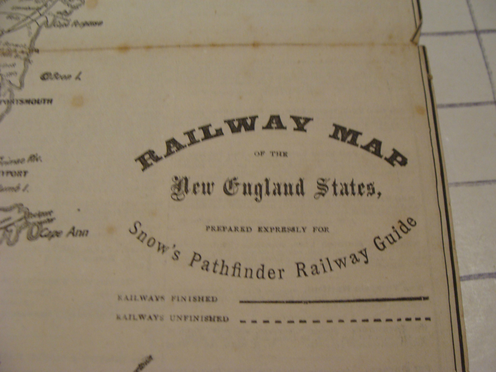 1873 RAILWAY MAP of the New England States SNOWS PATHFINDER RAILWAY GUIDE