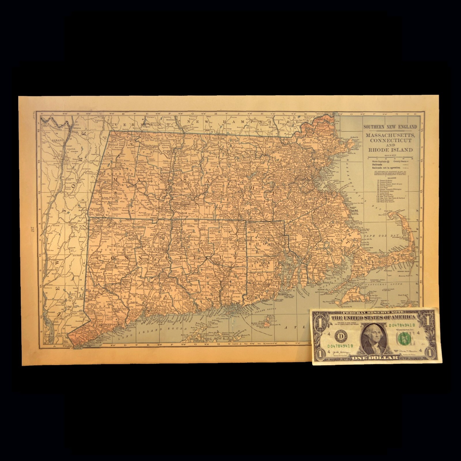 SOUTHERN NEW ENGLAND Map Railroad Massachusetts Old Original Antique