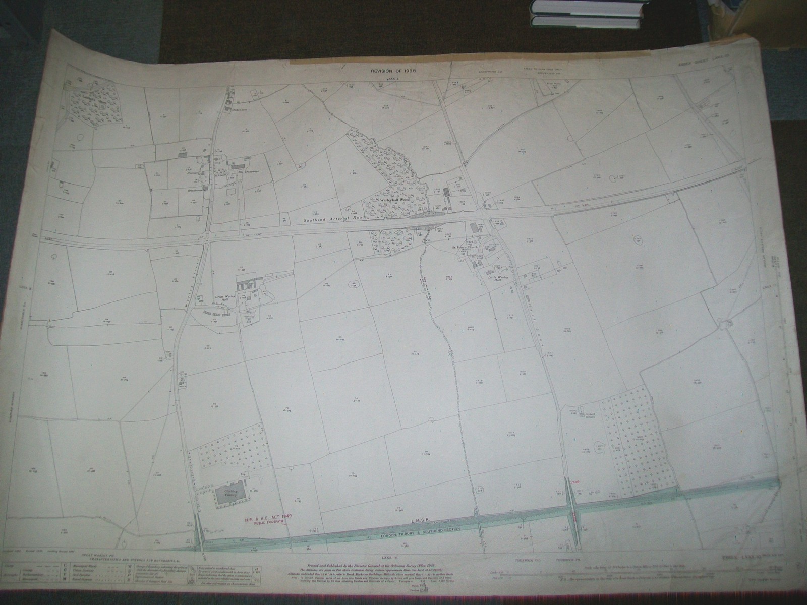 GREAT WARLEY HALL LITTLE WARLEY HALL ESSEX ORDNANCE SURVEY MAP LMSR 1936 1946 ed