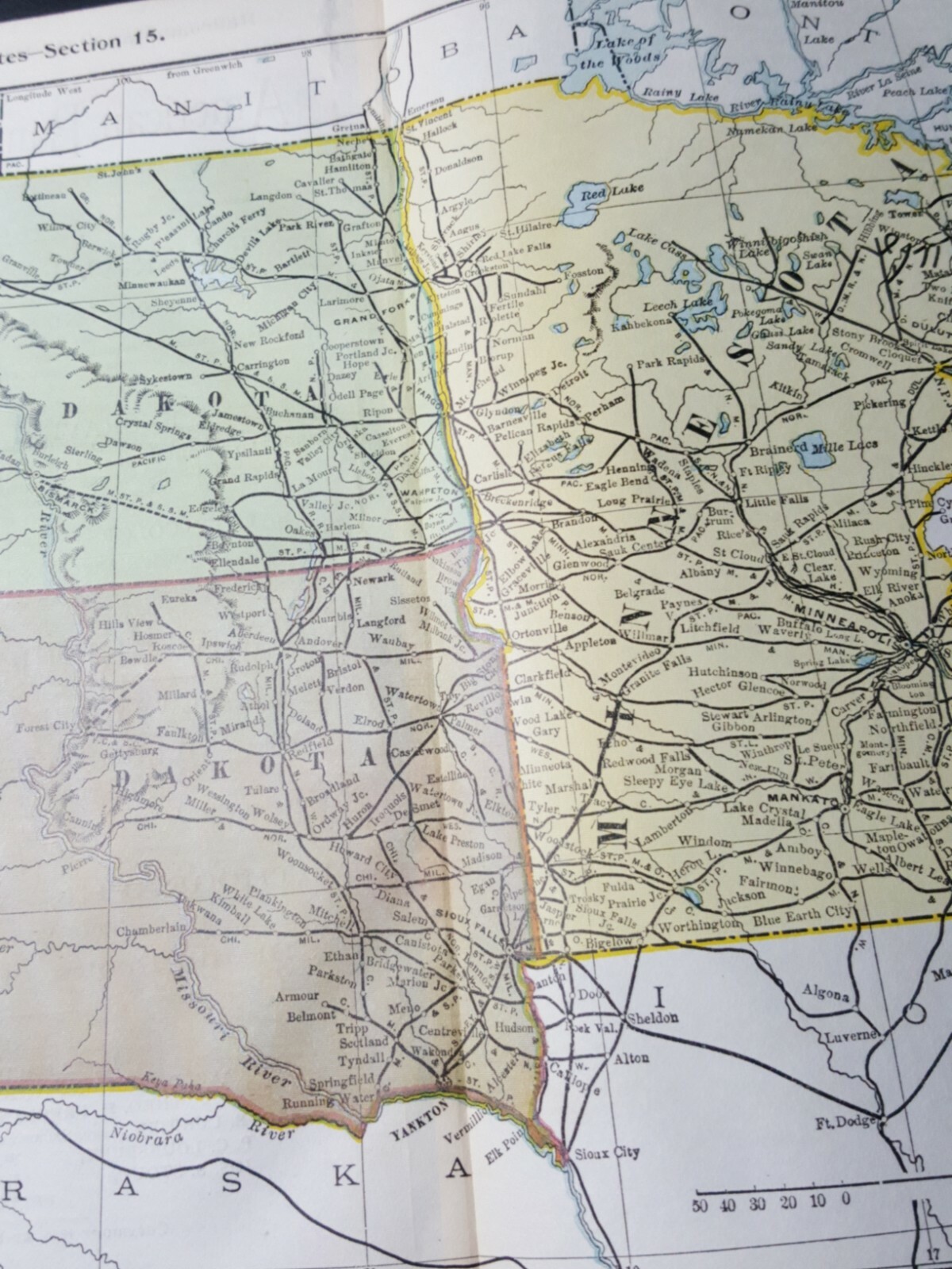 Original 1896 railroad map NORTH SOUTH DAKOTA Minnesota all train routes 9″x11″