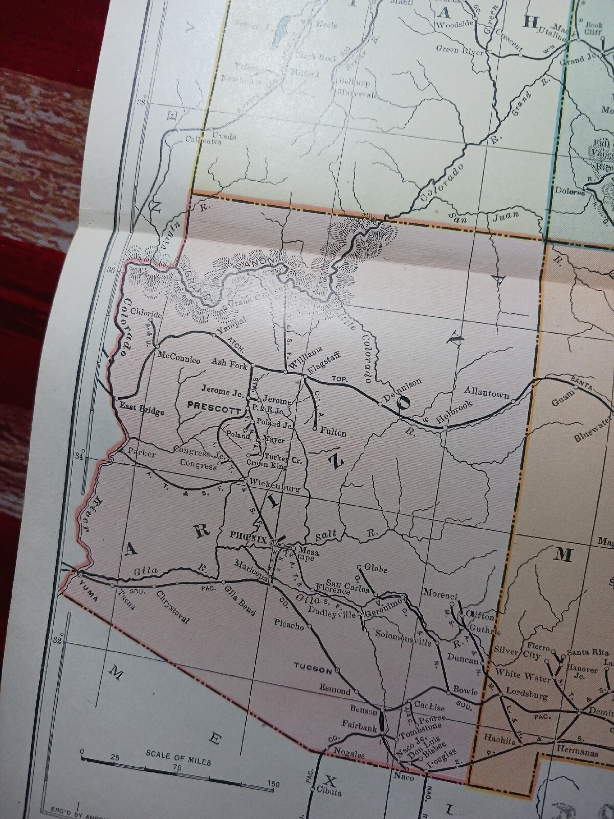 Antique 1909 Railroad Route Map Colorado Utah Arizona all train Lines~ 9 X 11″