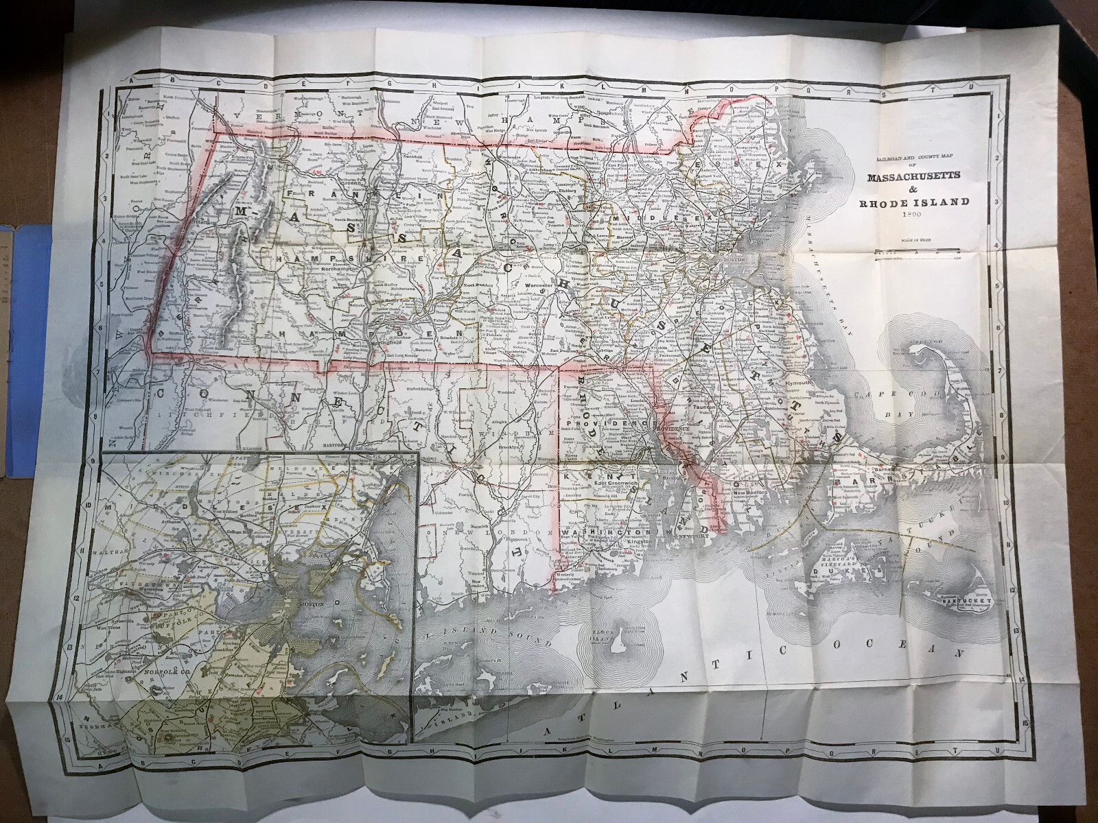 Rare Antique 1890 Cram’s Township Rail Road Map of Massachusetts & Rhode Island