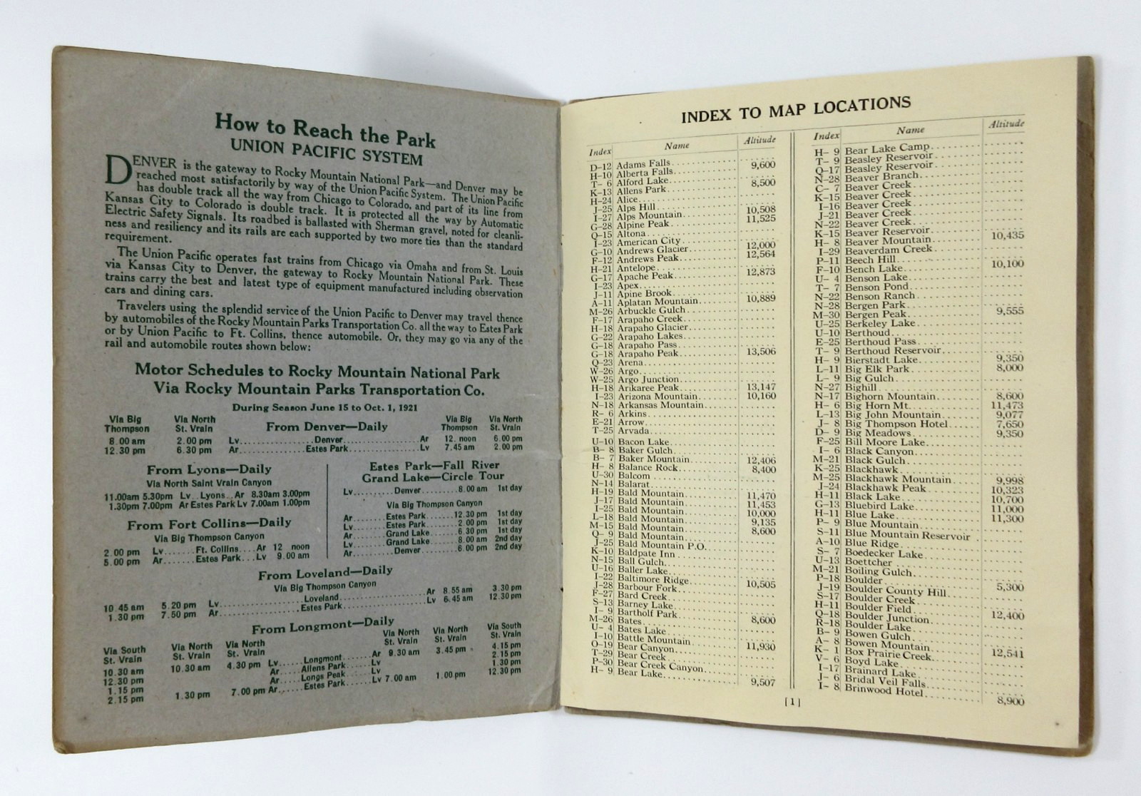 Union Pacific Railroad Topographical Map Colorado Rocky Mountain Estes Park 1921